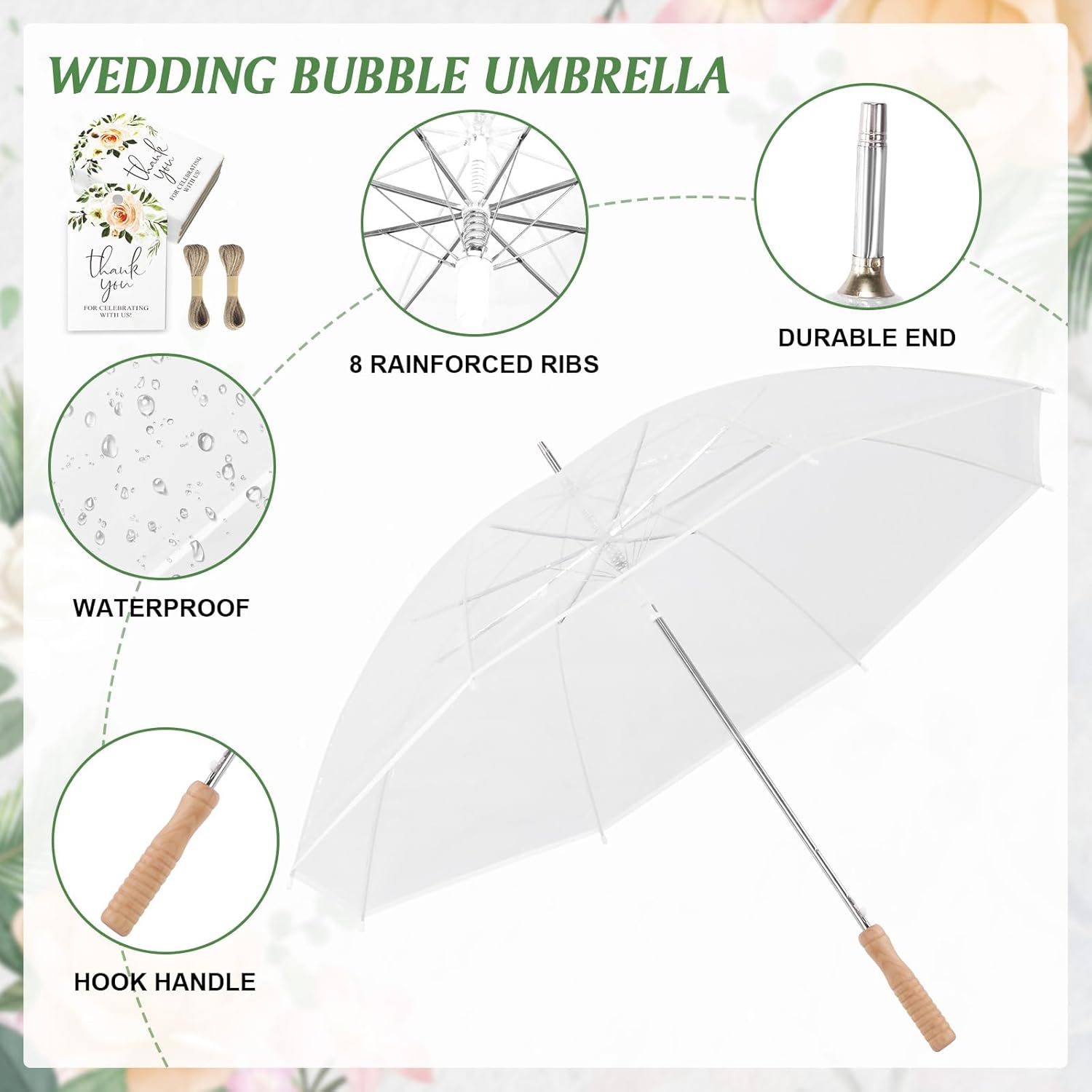 50 Pcs Wedding Stick Umbrellas Windproof Waterproof Wedding Favors for Guest Umbrella Gifts Bulk with Wooden Handle with Thank You Tags and Rope for Bride Groom Gifts Bridal Shower Party Decor