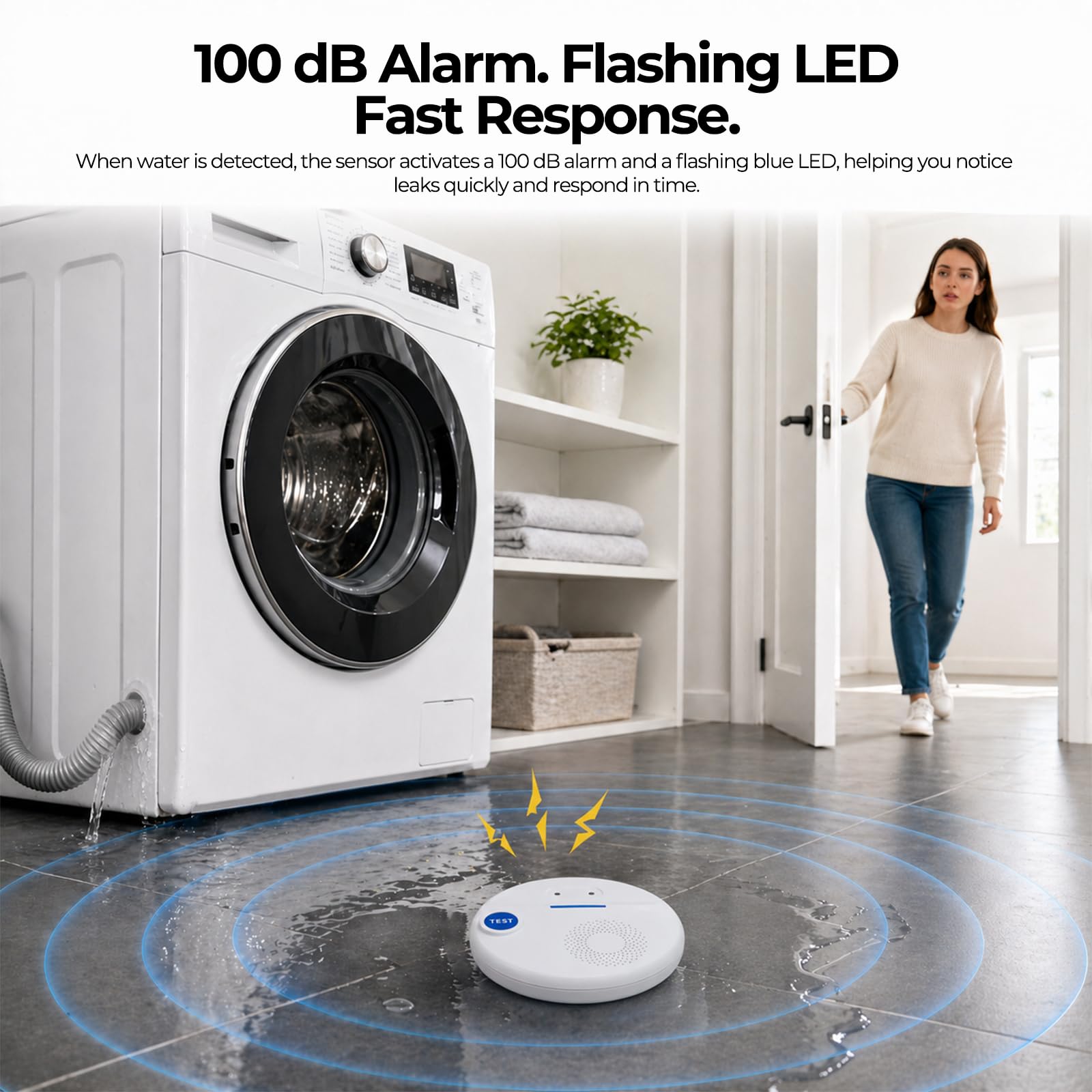 Detector de Fugas de Agua inalámbrico con Doble sonda – Alarma 100 dB, IP67 Resistente al Agua, Funciona autónomo o con Smart Hub, para sótano, Cocina, lavandería & baño