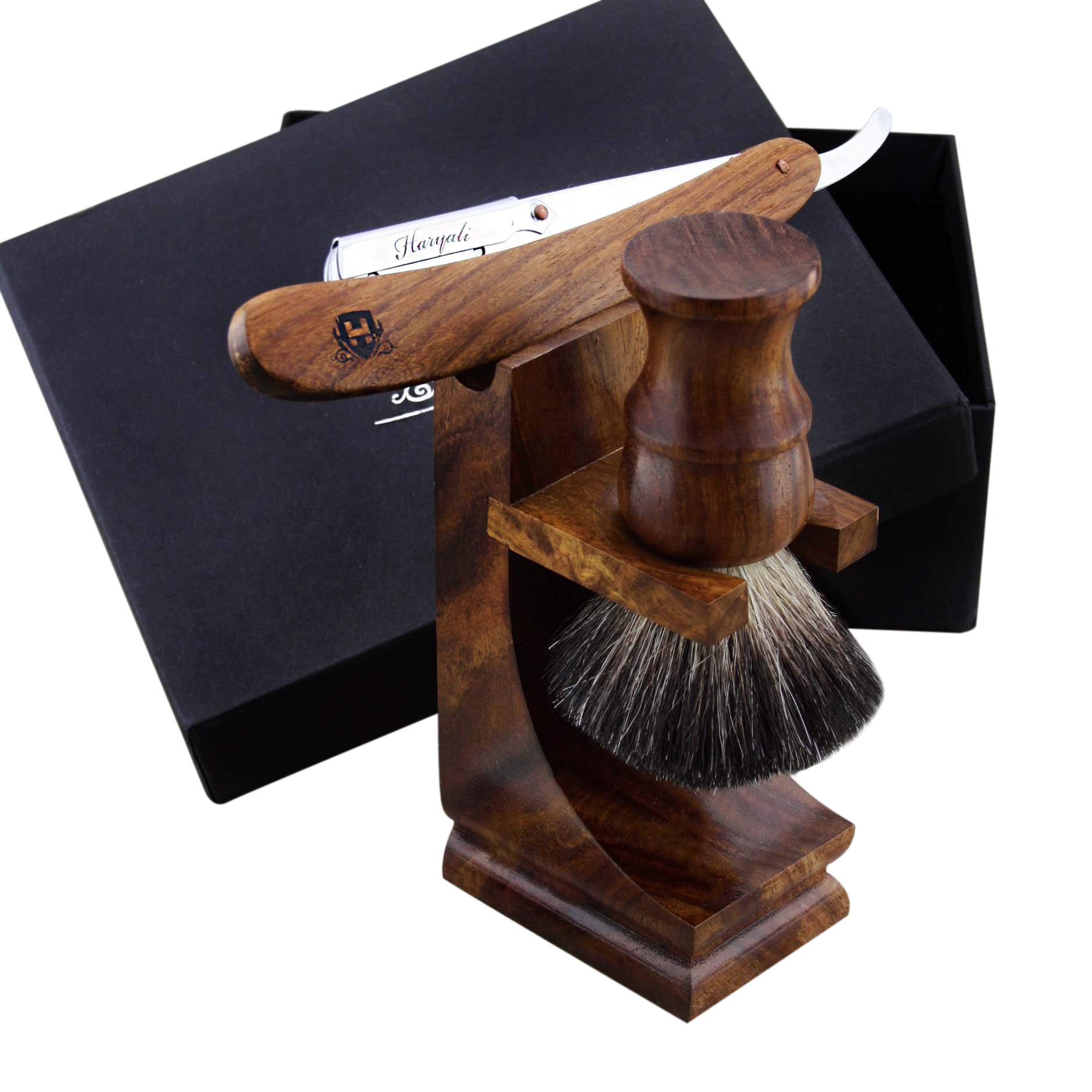 Haryali London Kit de afeitado – Kit de afeitado de madera de 3 piezas – Kit profesional de afeitar de garganta – Maquinilla de afeitar de corte – Brocha de afeitar de tejón – Soporte de madera