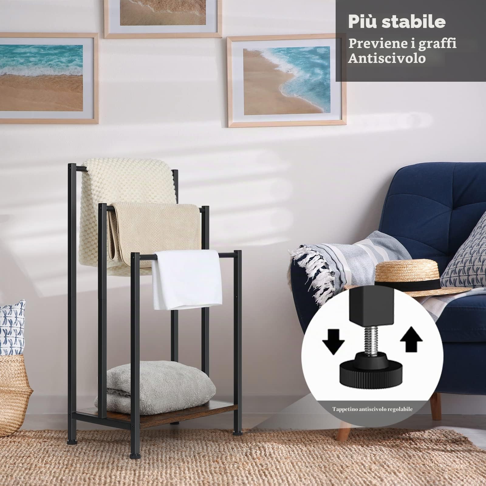 Portasciugamani Indipendente, Supporto per Coperta a 3 Livelli con Ripiano in Legno Marrone Rustico, Portasciugamani Industriale e Portabottiglie con Piedini Antiscivolo per Soggiorno, Bagno