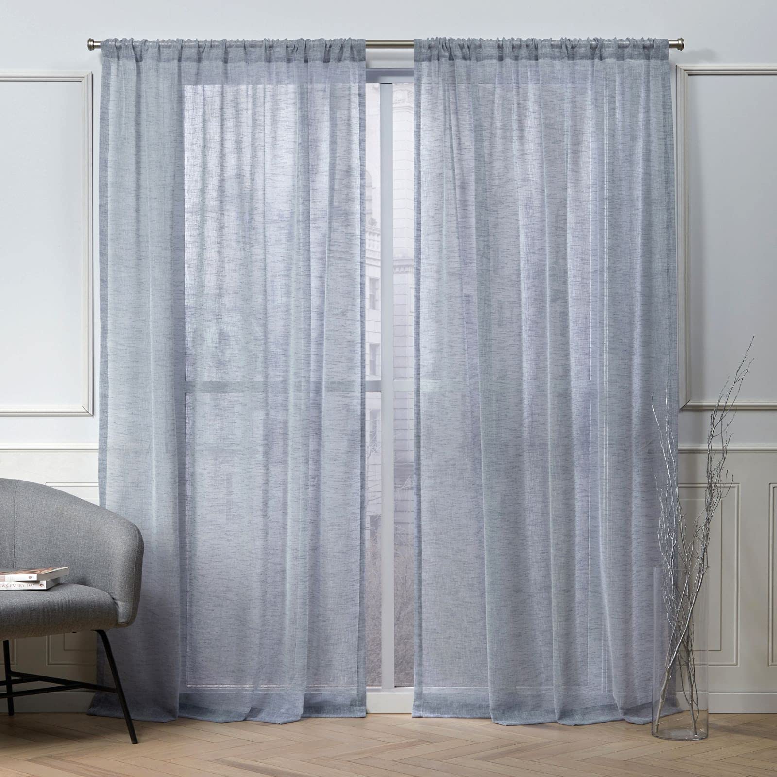 Nicole Miller Belfry Sheer Rod Pocket Top Curtain Panel, Denim, 50x84, 2 Piece