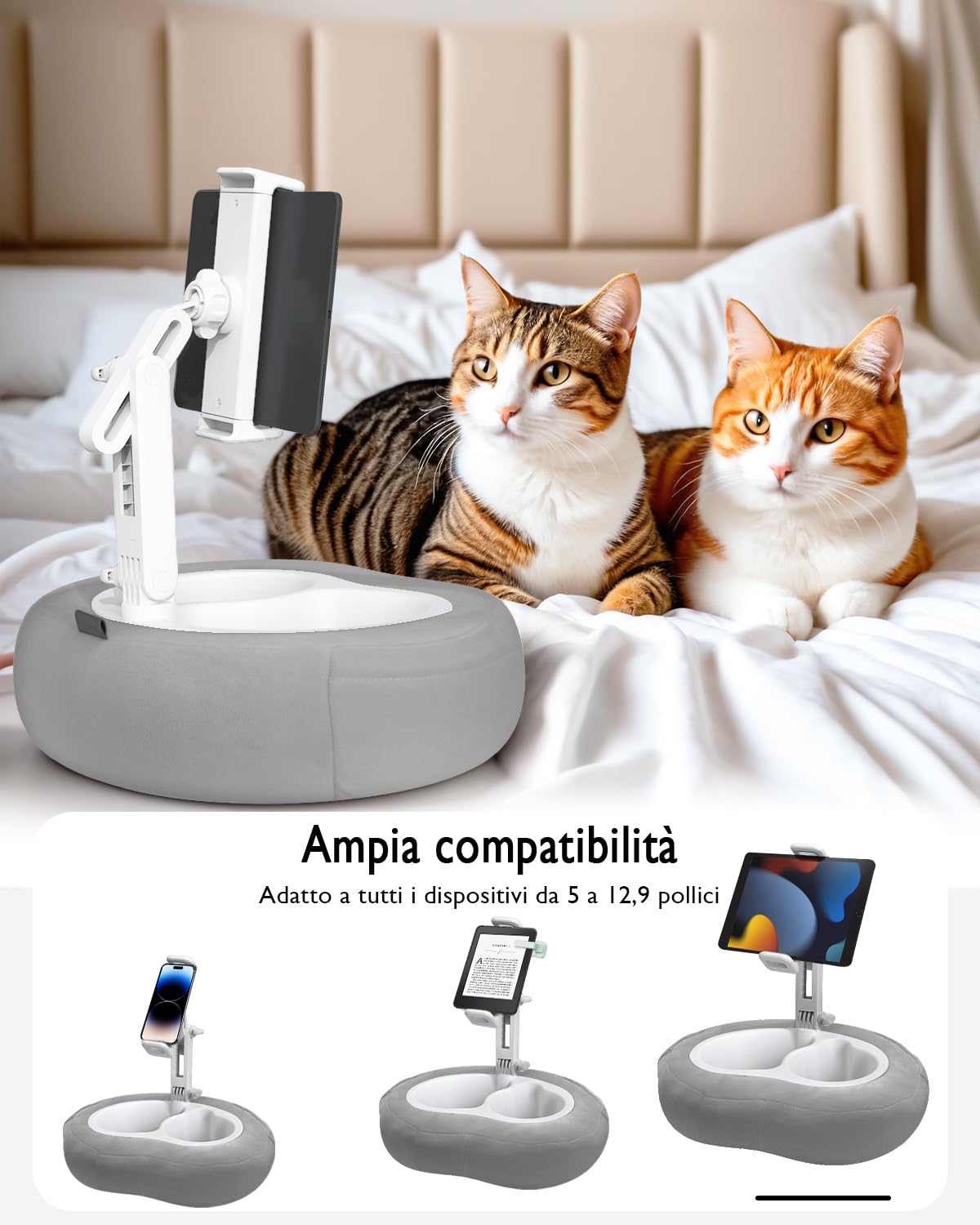 Miledi Cuscino Supporto Tablet per Letto e Divano, Supporto Kindle e iPad Regolabile a 360° per Dispositivi da 5 a 12,9 Pollici, con Porta Bicchiere e Vassoio Snack per Lettura e Relax, Grigio