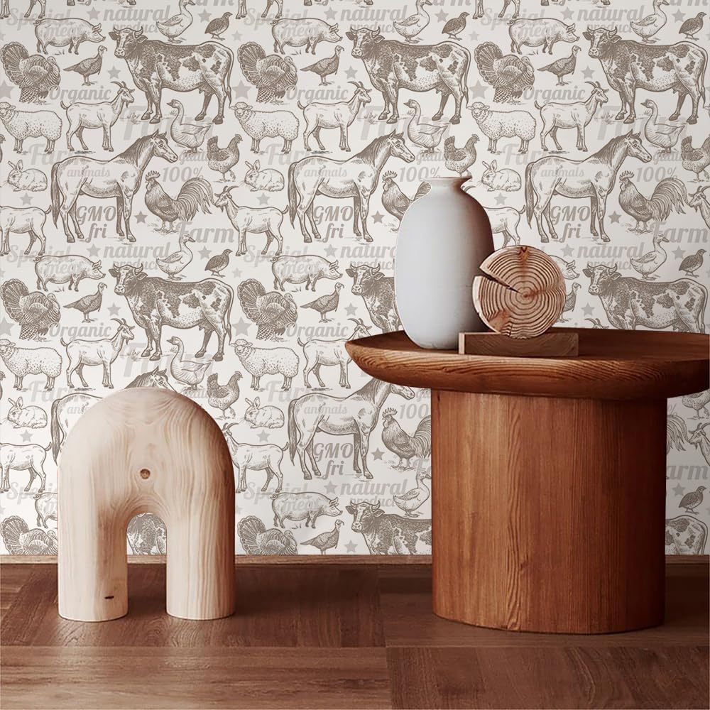 MuralPeel Boho Rustic Farm Animals Cow Rooster Horse Turkey Peel and Stick Wallpaper Self Adhesive Removable Easy Peel Off Stick on Wall Paper for Bedroom Cabinet Renter