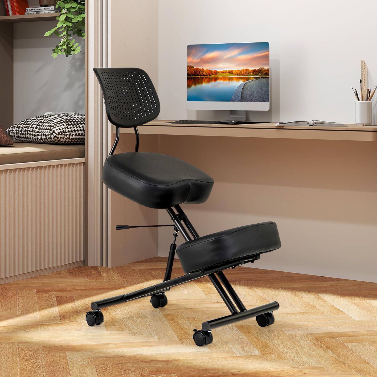 COSTWAY Sedia Ergonomica Inginocchiata con Schienale e Ruote, Sedia da Ginocchio Regolabile Posturale Struttura in Metallo, Sgabello Ergonomica per Casa e Ufficio (con Schienale)