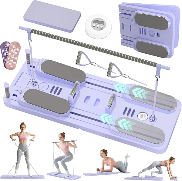 Lazolloa Pilates Reformer Set, Foldable Pilates Board with Resistance Bands, 5 in 1 Portable Pilates Sliding Board, Trainer Machine for Home Workout, Ab, Core, Fitness, Exercise