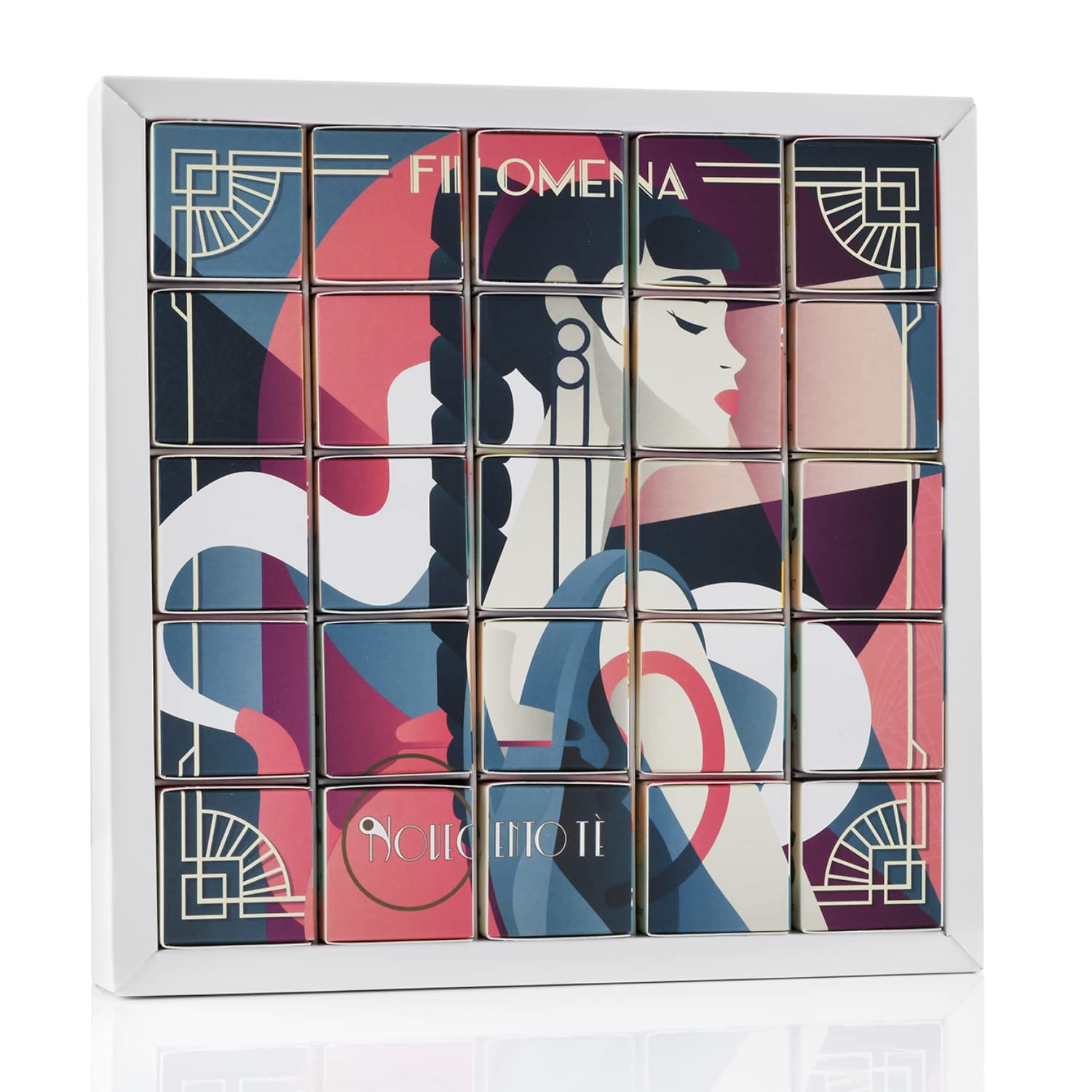 Novecento Tè Evelina - Confezione regalo per tisane, tisane assortite, 4 gusti: tè nero, tè oolong, tè verde, infuso di citronella, 25 infusi per infusione, confezione regalo per tè