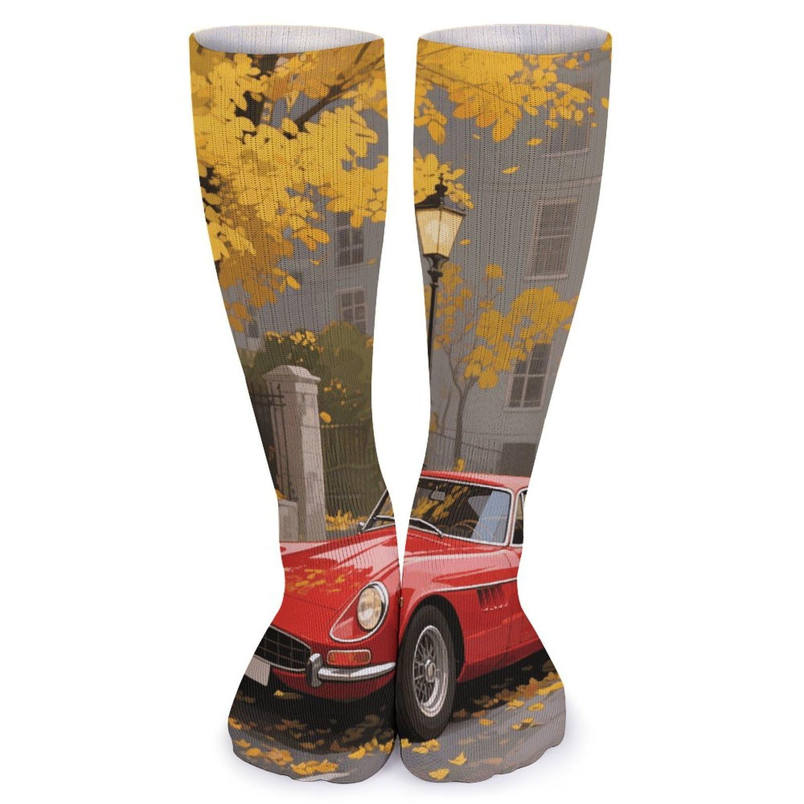 Retro Red Car Crew Athletic Socks Soft Breathable Long Socks Winter Warm Sports Stockings for Women Men