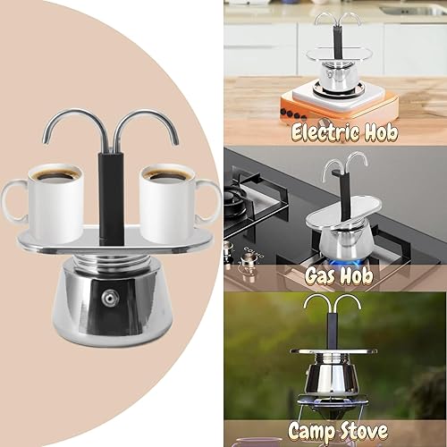 Miniatura 5 de VINGVO Olla para 2 tazas de 3.4 fl oz, mini cafetera de doble cabezal, portátil de acero inoxidable, cafetera eléctrica italiana Vespresso