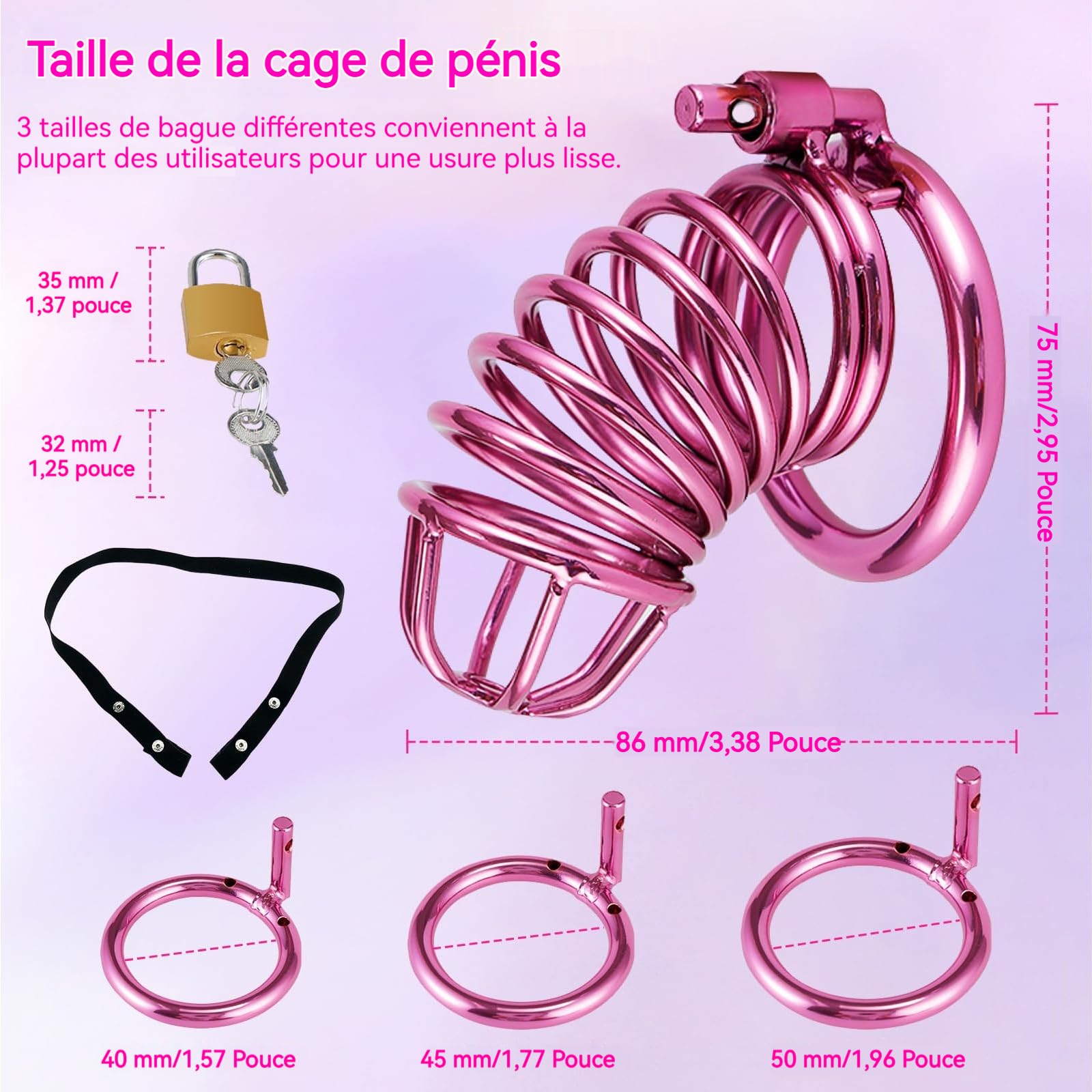 Cage Pour Pénis - Chastity Cage Avec Ceinture De Chasteté, Cage De Chasteté Homme Anneaux En 3 Tailles (4 cm, 4,5 cm, 5 cm) Cock Cage Violette En Métal, Cage Pénis Bondage BDSM Sex Toy Pour Hommes