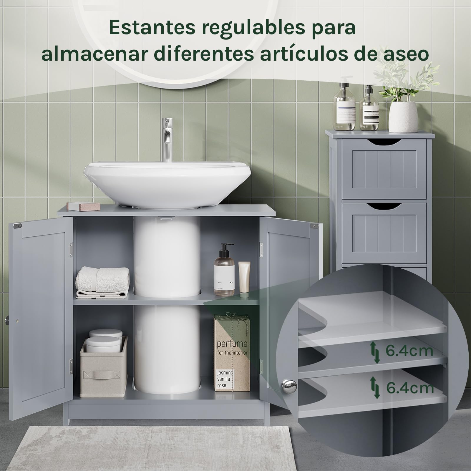 WOLTU Mueble para Debajo del Lavabo Madera, 2 Puertas para Cuarto de Baño 60x60x30cm, Gris