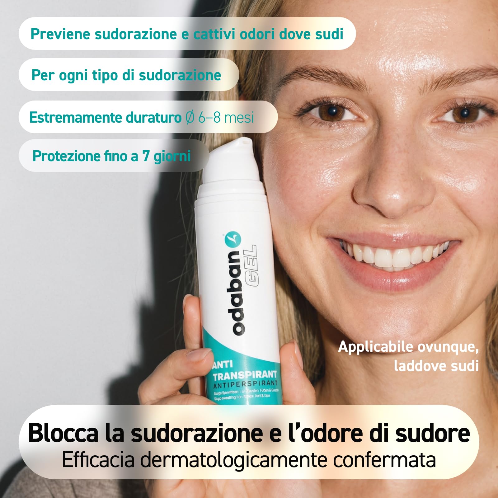 odaban® Gel Antitraspirante 50 ml | Controllo Mirato della Sudorazione su Viso, Fronte, Schiena, Mani e Piedi | Azione Rapida, Delicato sulla Pelle | Protezione Lunga Durata, Unisex | Senza Profumo