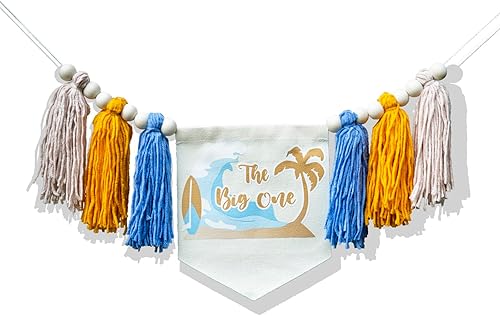 Miniatura 7 de Lintran The Big One - Cartel de cumpleaños de surf, azul, guirnalda de primera silla de bebé, 80.0 x 7.5 pulgadas, unisex