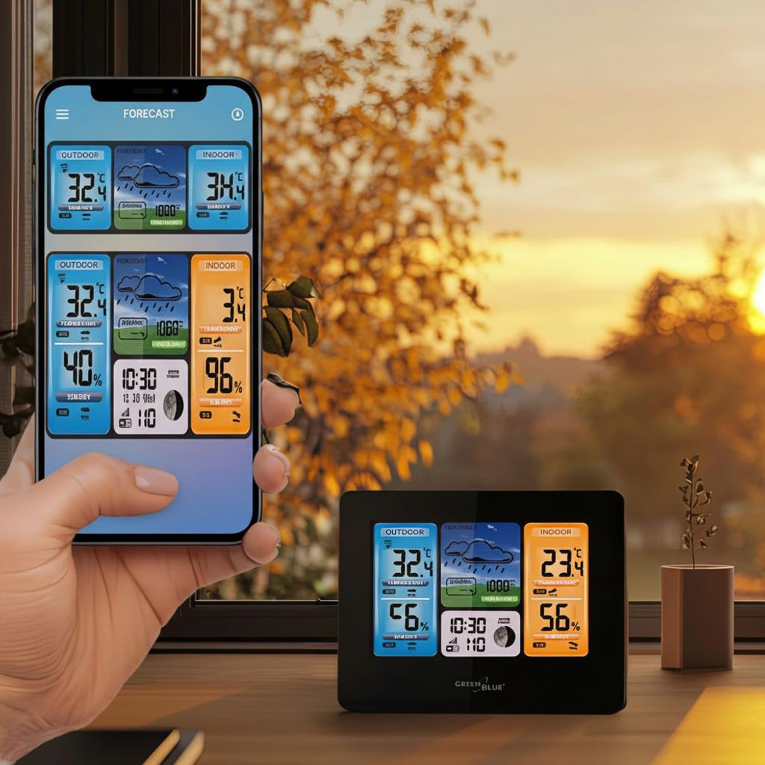Green Blue GB215 Stazione meteo wireless con Wi-Fi compatibile con TUYA, Sensore esterno Calendario Pevisioni meteo Barometro