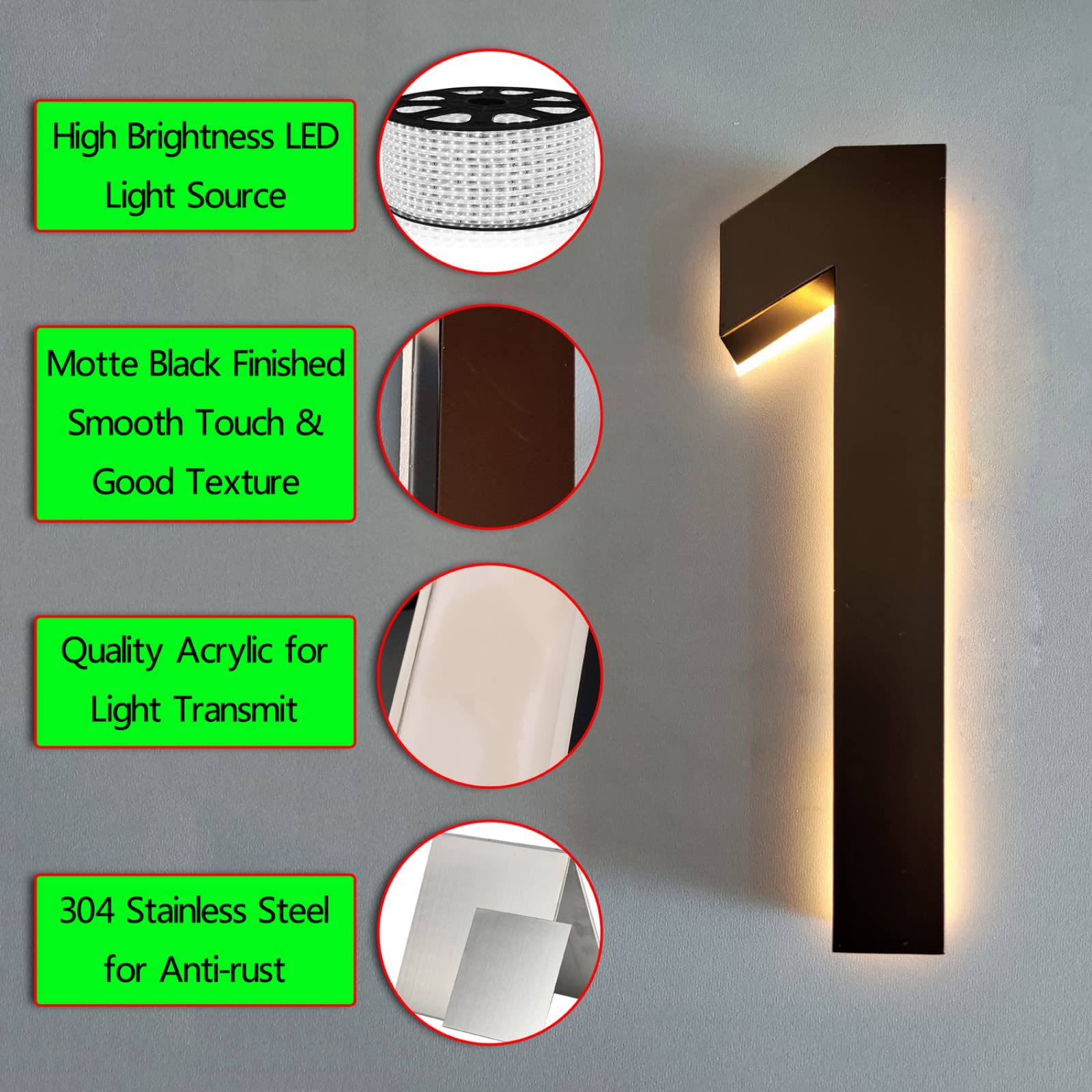 Letrero de Número de Casa LED Retroiluminado 10" Placas de Números de Casa LED Iluminadas Placas de Dirección Iluminadas Para Números de Casa de Bricolaje Letrero de Placa de Dirección