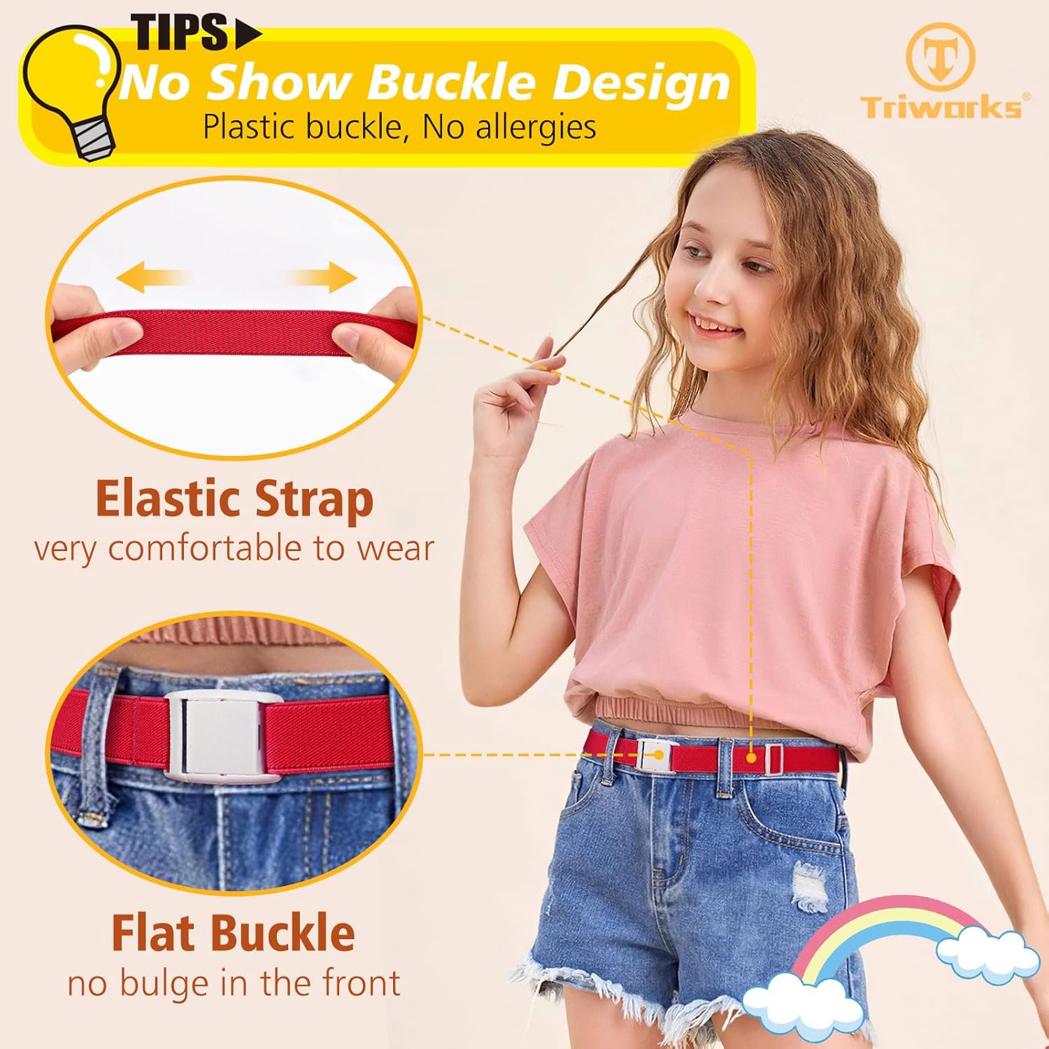 TRIWORKS Kids Elastic Adjustable Belts for Girls Easy Buckle Flat Buckle Stretchy Belt for Kids Boys Girls - Image 3