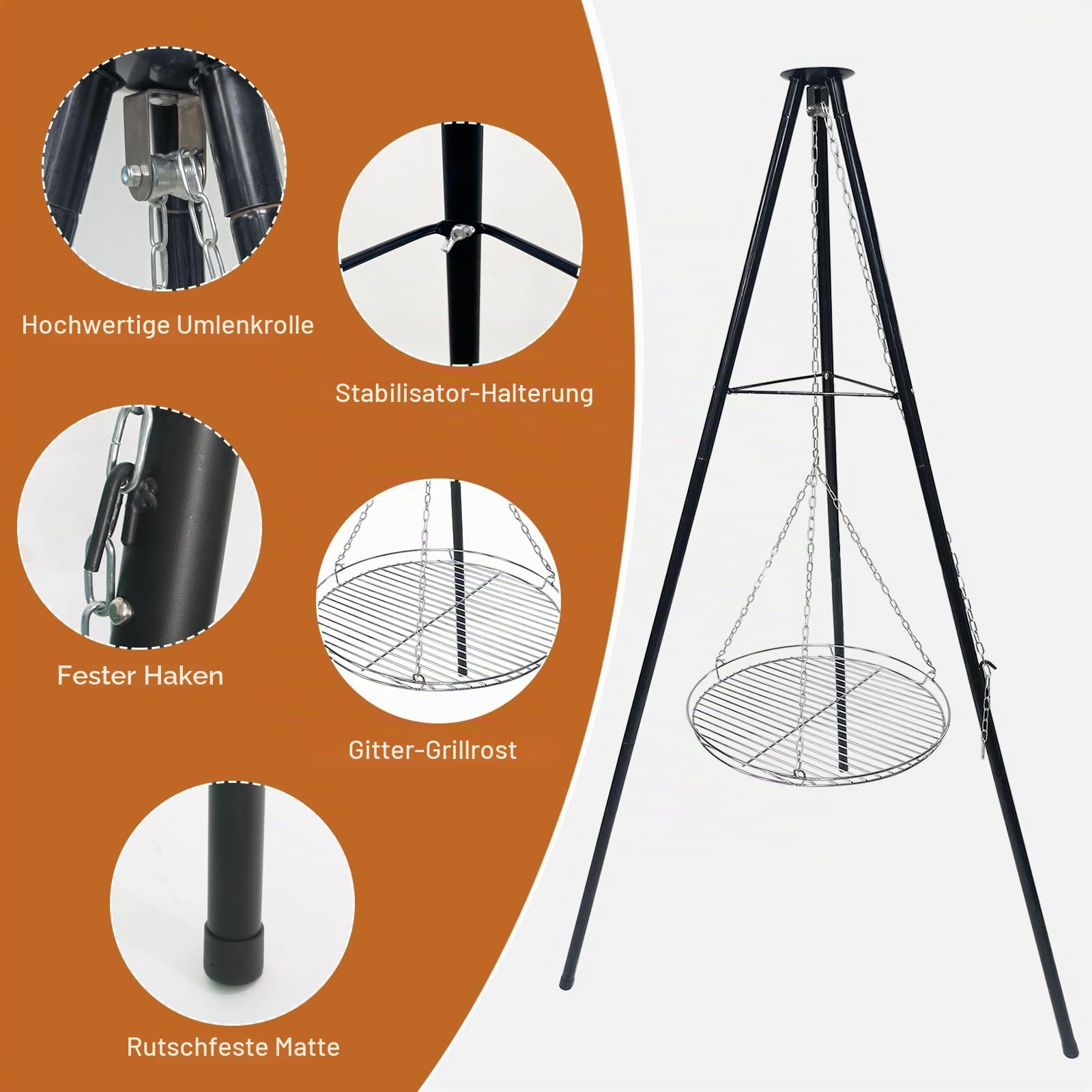 Dreibein Schwenkgrill 150 cm, Ø 48 cm 304 Edelstahl Grillplatte | Mit Kurbel & Kette, Höhenverstellbar, Abnehmbares Grillgestell aus Eisen, Camping & Outdoor, Feuerstelle