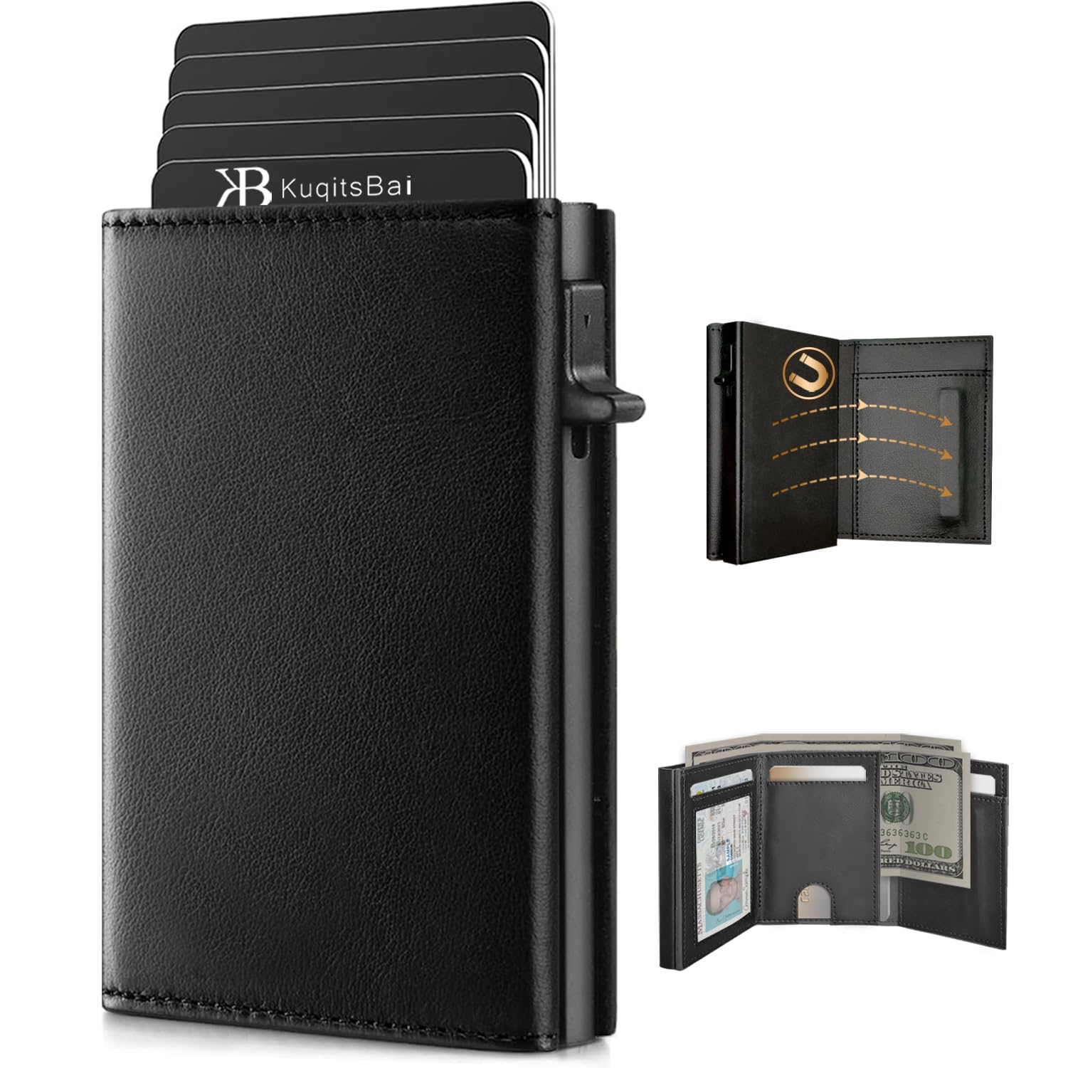 KuqitsBai Wallet for Men with Card Holder, Smart Mens Wallet Pop Up with RFID Blocking, Wallet Magnetic Closure for 10-14 Cards, ID Window, Cash Slot
