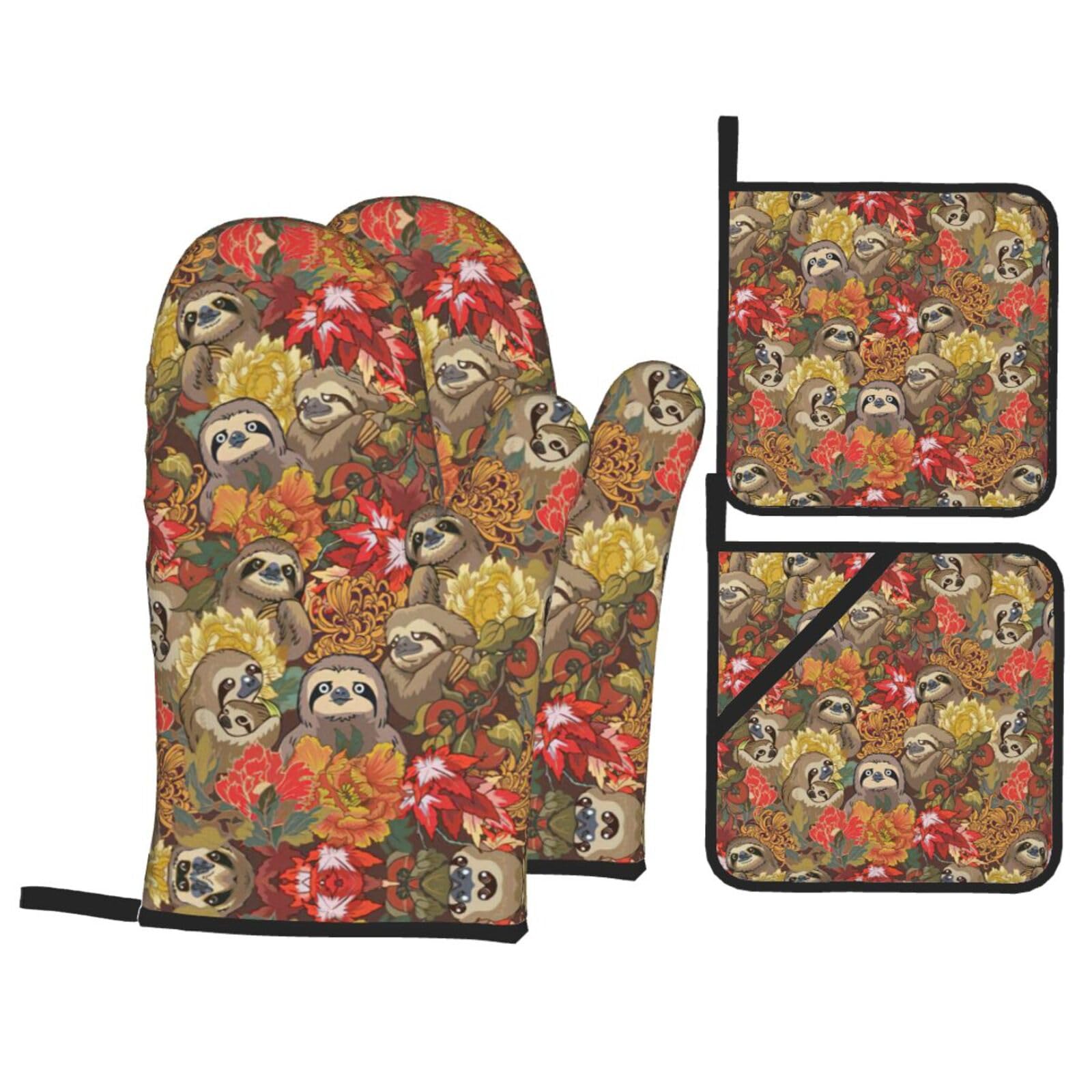 Funny Sloths Print Stylish 4-Piece Microwaving Oven Waterproof Kitchen Gloves Baking Holiday Cooking