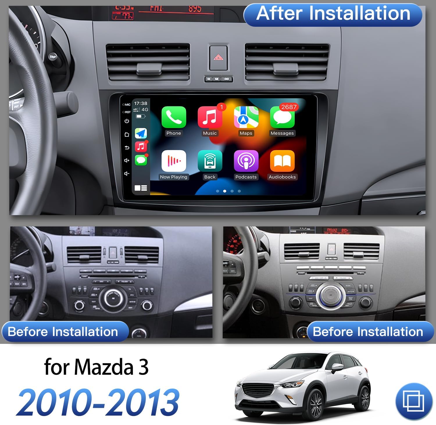 Fortdows Car Stereo before and after installation in a Mazda 3