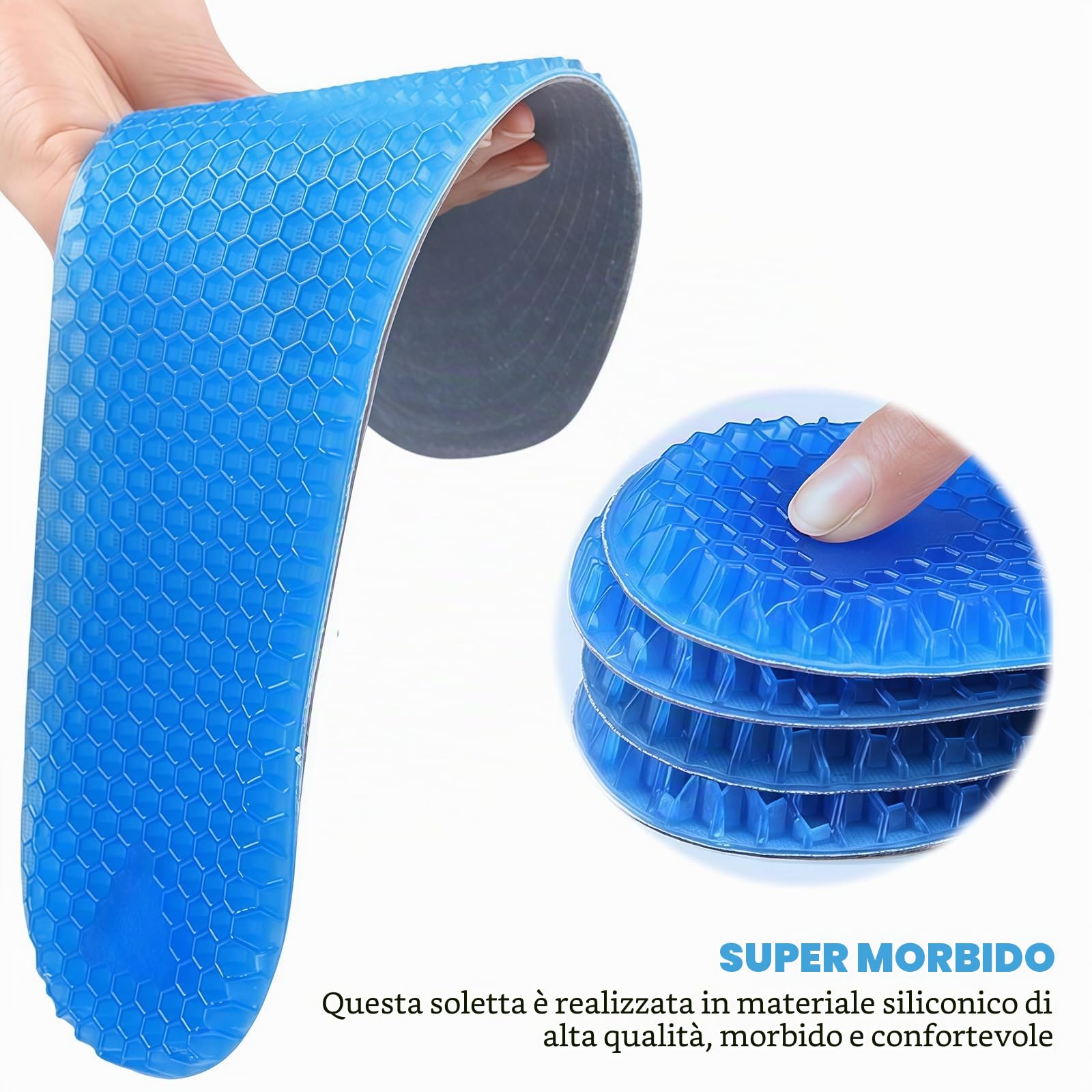1 paio di solette sportive in gel di silicone blu, riutilizzabili, a nido d'ape, a tutta lunghezza, antiscivolo, comode, ammortizzanti, per scarpe da uomo e donna (grande)
