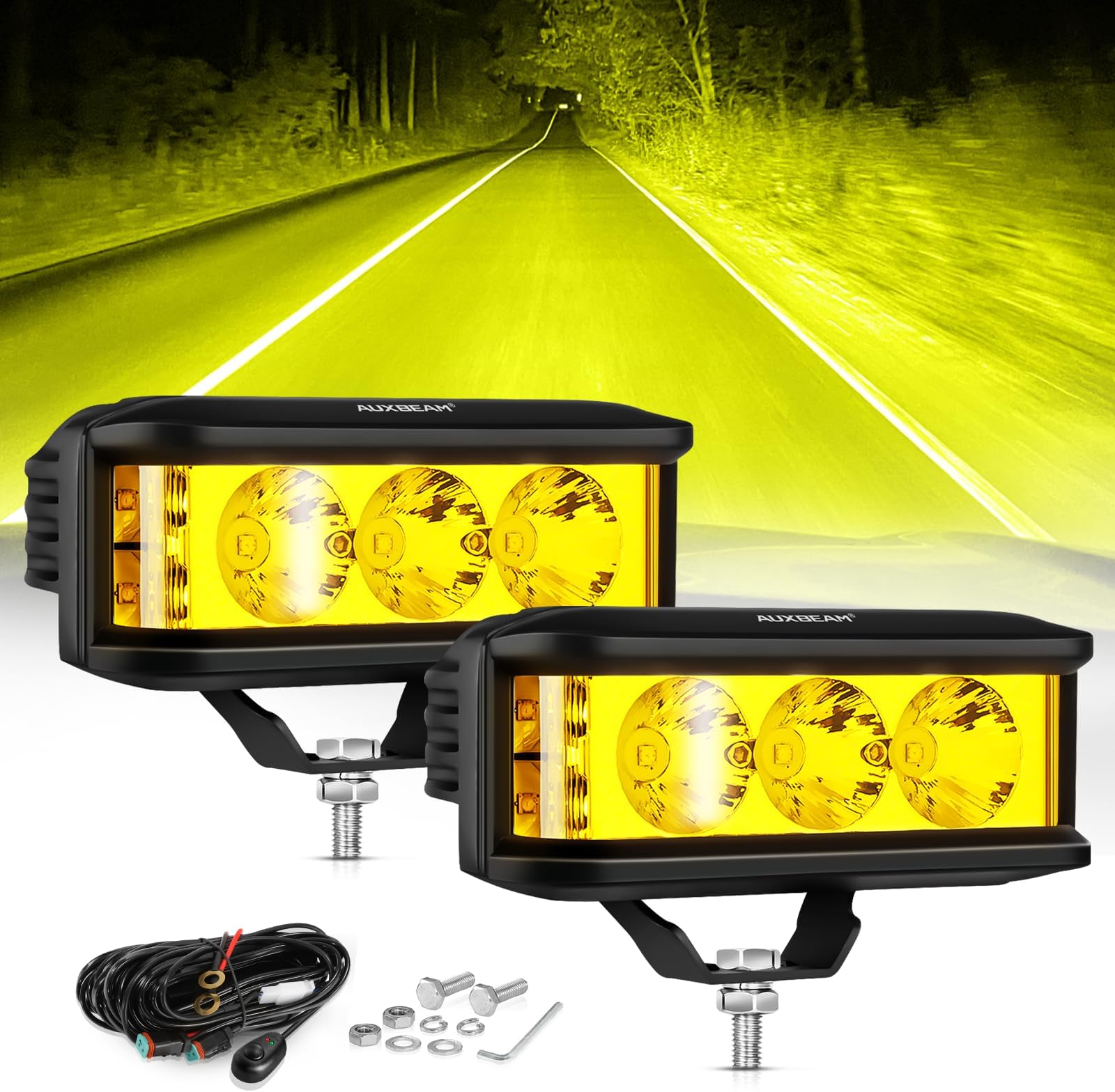 Auxbeam 5 Inch Amber Fog Light, Side Shooter Pod Lights 68W 6800LM LED Offroad Driving Lights with White Spot Flood Combo Beam, Waterproof Offroad Fog Light for UTV ATV Jeep Truck Boat (Yellow Beam)