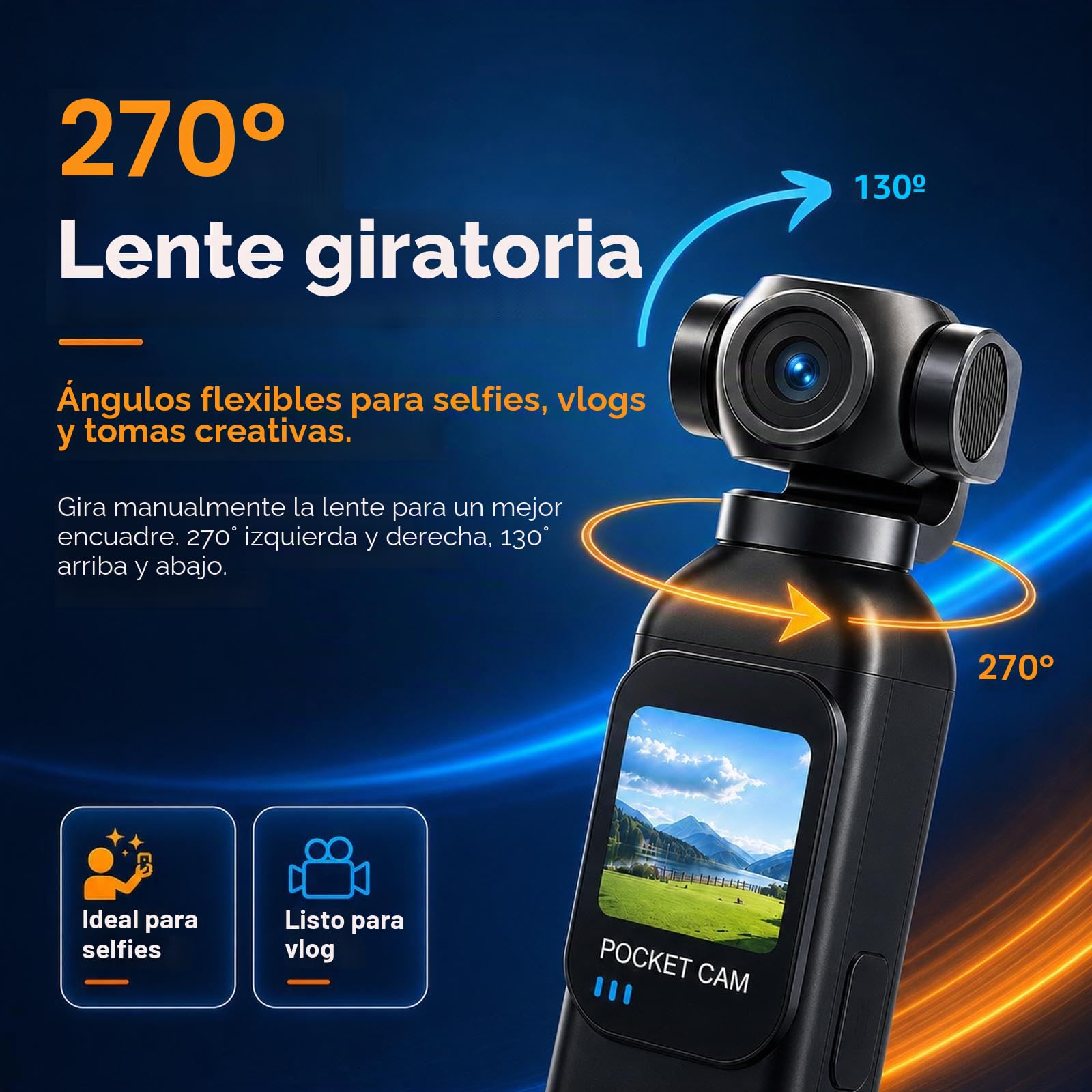 Cámara de vlogging con objetivo giratorio de 270°, cámara de bolsillo con grabación de audio y vídeo, batería de 14 horas, cámaras PV portátiles de 64 GB, grabación fácil con un botón