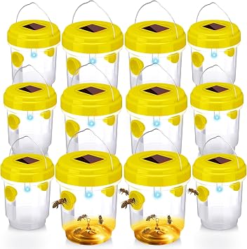 Wasp Trap Solar Powered Bee Trap Reusable Fly Traps Outdoor Hanging Wasp Killer with UV LED Light Flying Insects Bee Killer for Indoor Outside Patio Garden Home 6, Yellow