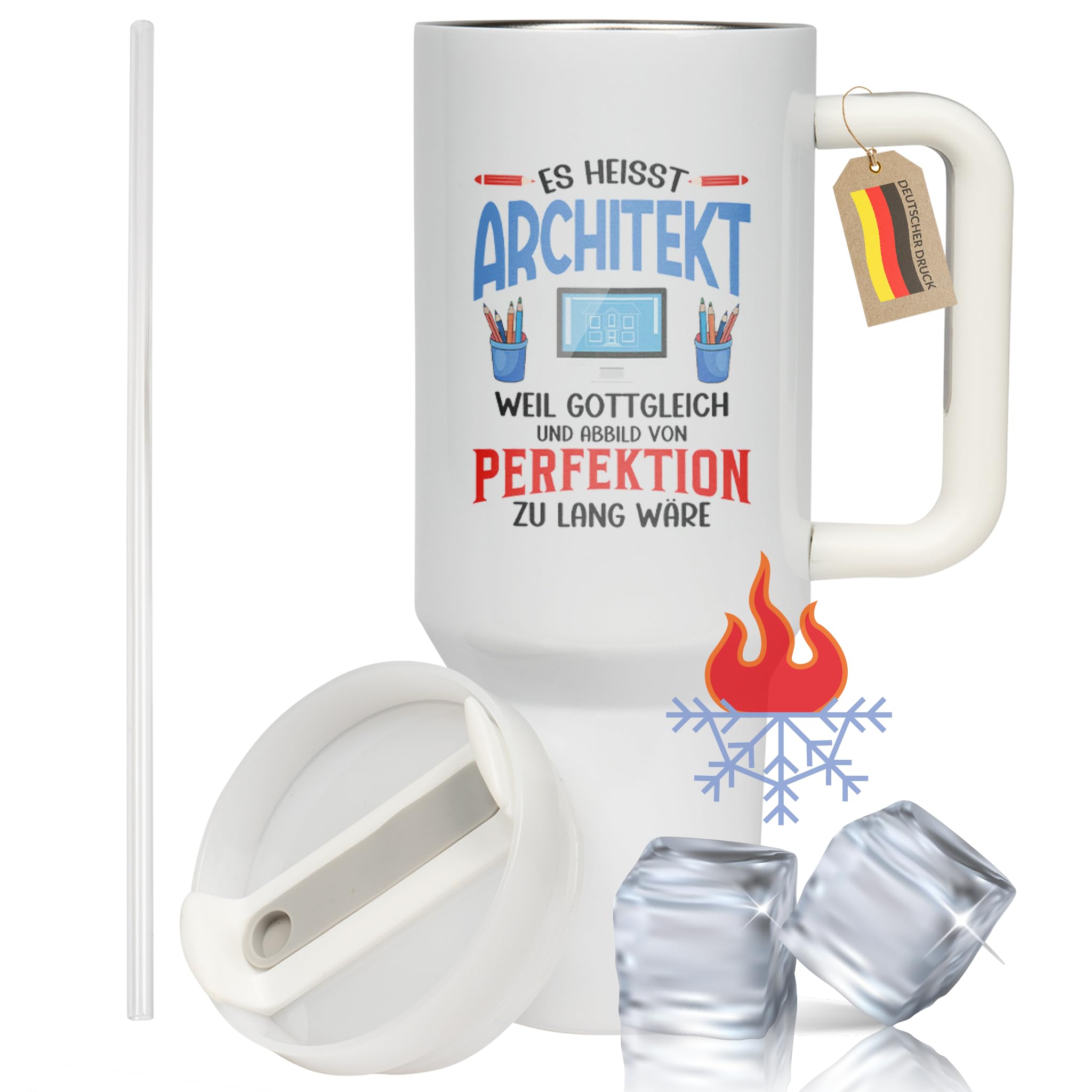 XXL Thermobecher für Architekten & Bauzeichner – Lustiges Geschenk zum Geburtstag, Abschied & Weihnachten – Edelstahl Trinkflasche, Weiß mit Architekt Spruch (WIEDERVERWENDBAR)