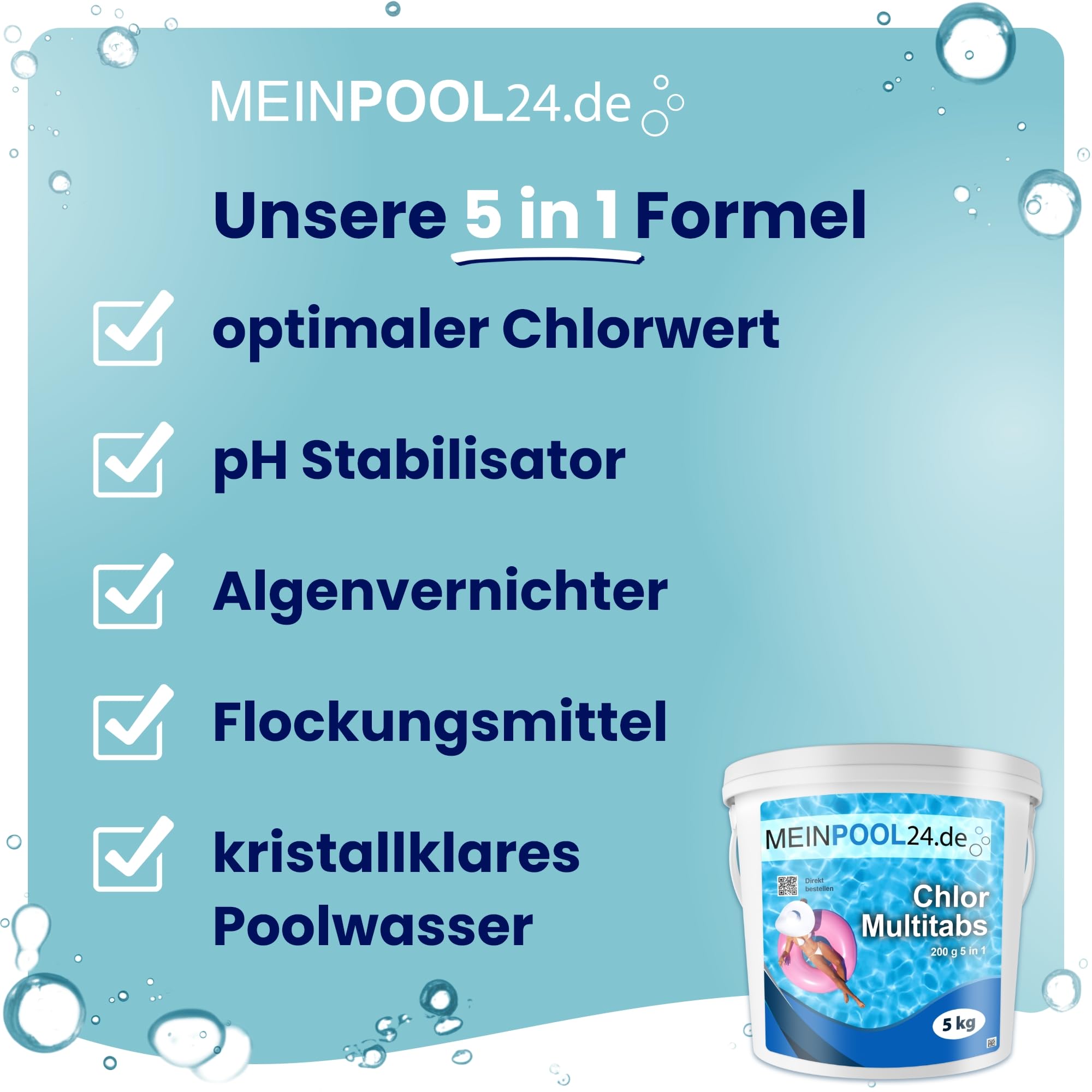 5 kg MEINPOOL24.DE Chlor Multitabs 5 in 1-200 g Tabs Multi Chlortabletten - 5 Phasenwirkung für sichere und saubere Poolpflege - hygienisches Poolwasser - Made in Europe - für kristallklares Wasser