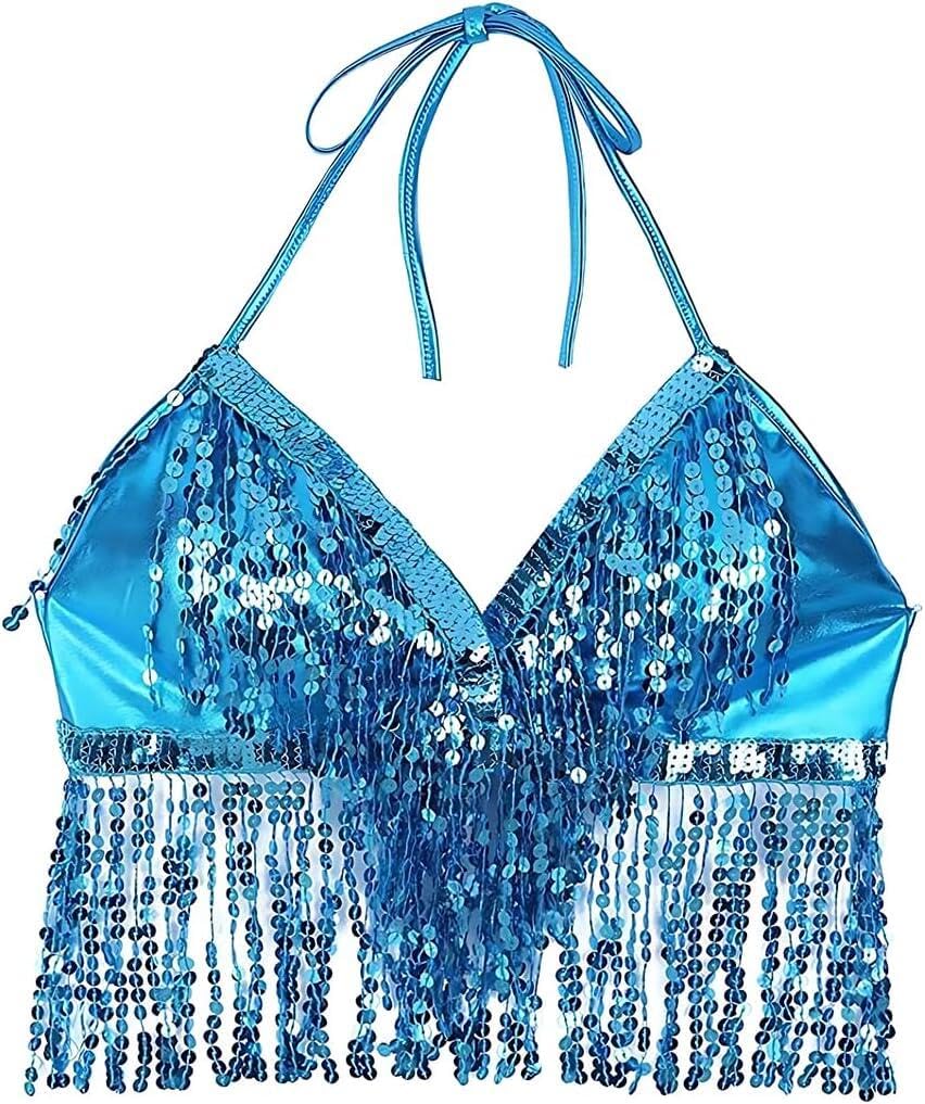 Top de Danza del Vientre para Mujer con Lentejuelas y Borlas, Sujetador de Rendimiento (Azul)
