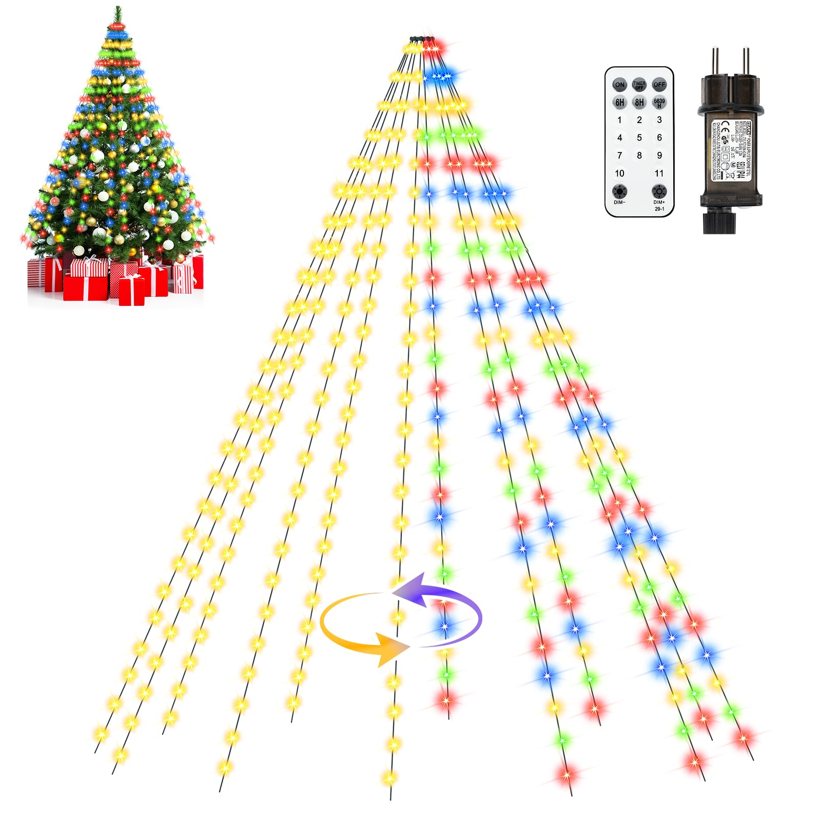 MAGGIFT Lichterkette Baum Innen Außen, Warmweiß Mehrfarbig 2M 12 Stränge 300LED 2-in-1 Weihnachtsbaum Lichterkette mit Timer/8 Modi/Dimmbar/Fernbedienung, IP67 Wasserdicht Weihnachtsbeleuchtung Beleuchtung