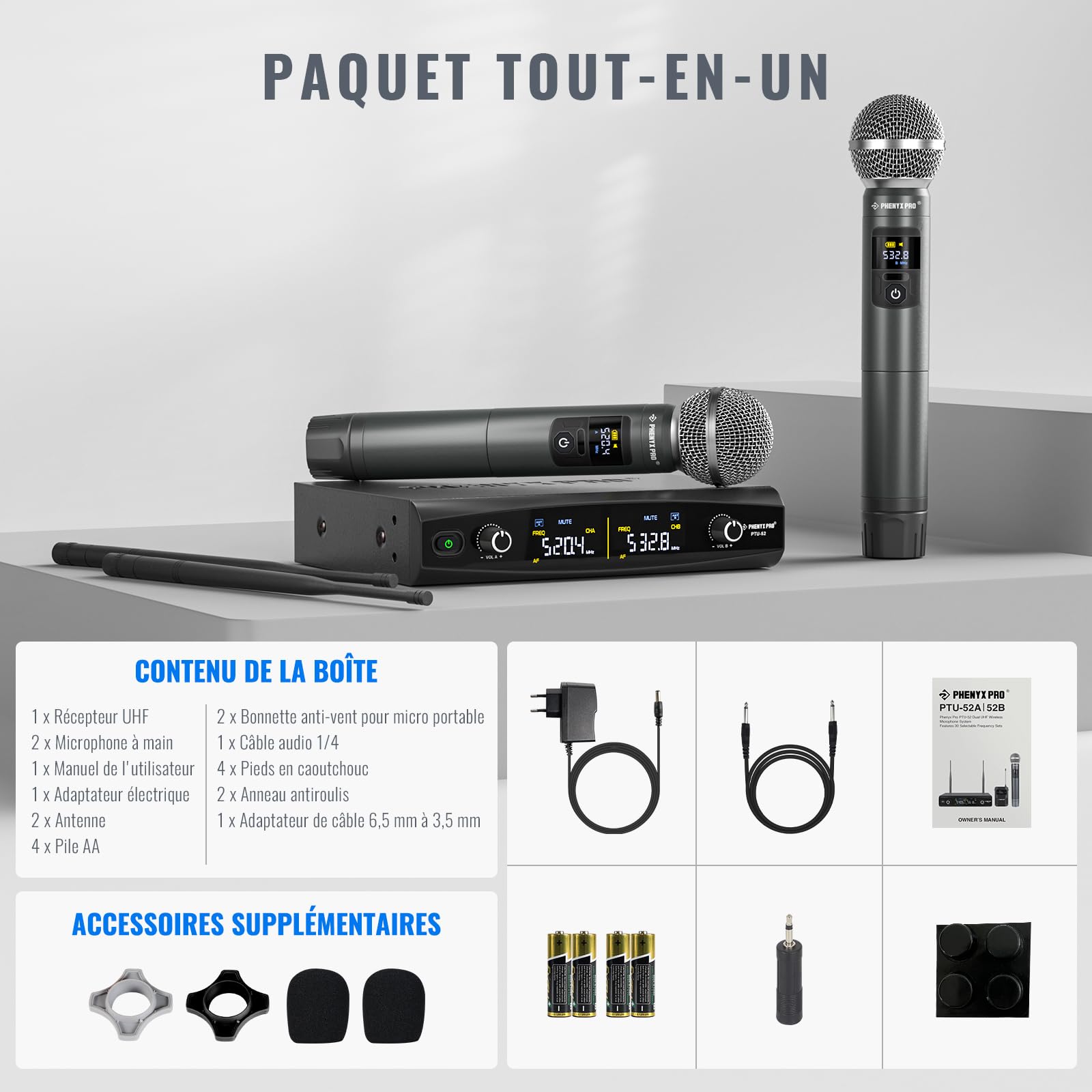 Phenyx Pro Système de Microphones sans Fil, Ensemble de Microphones sans Fil à Main pour Le Chant, Le karaoké, l'église, 2x30 fréquences UHF réglables, portée de 200 Pieds (PTU-52)