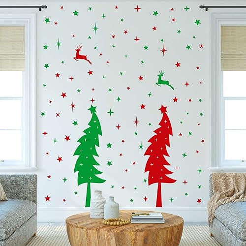 Miniatura 9 de Calcomanías de pared grandes para árbol de Navidad, vinilo rojo y verde, calcomanías de pared de pino para despegar y pegar, estrellas y árboles de