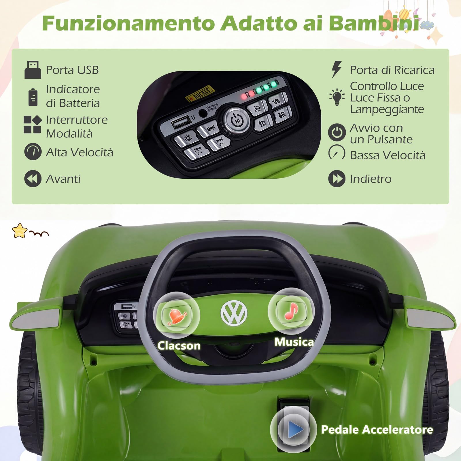 COSTWAY Volkswagen 12V Macchina Elettrica per Bambini con Telecomando, Velocità Regolabile, Auto Cavalcabile con Musica Vano Portaoggetti e Ruote Ammortizzanti, per Bambini 3+ Anni (Verde)