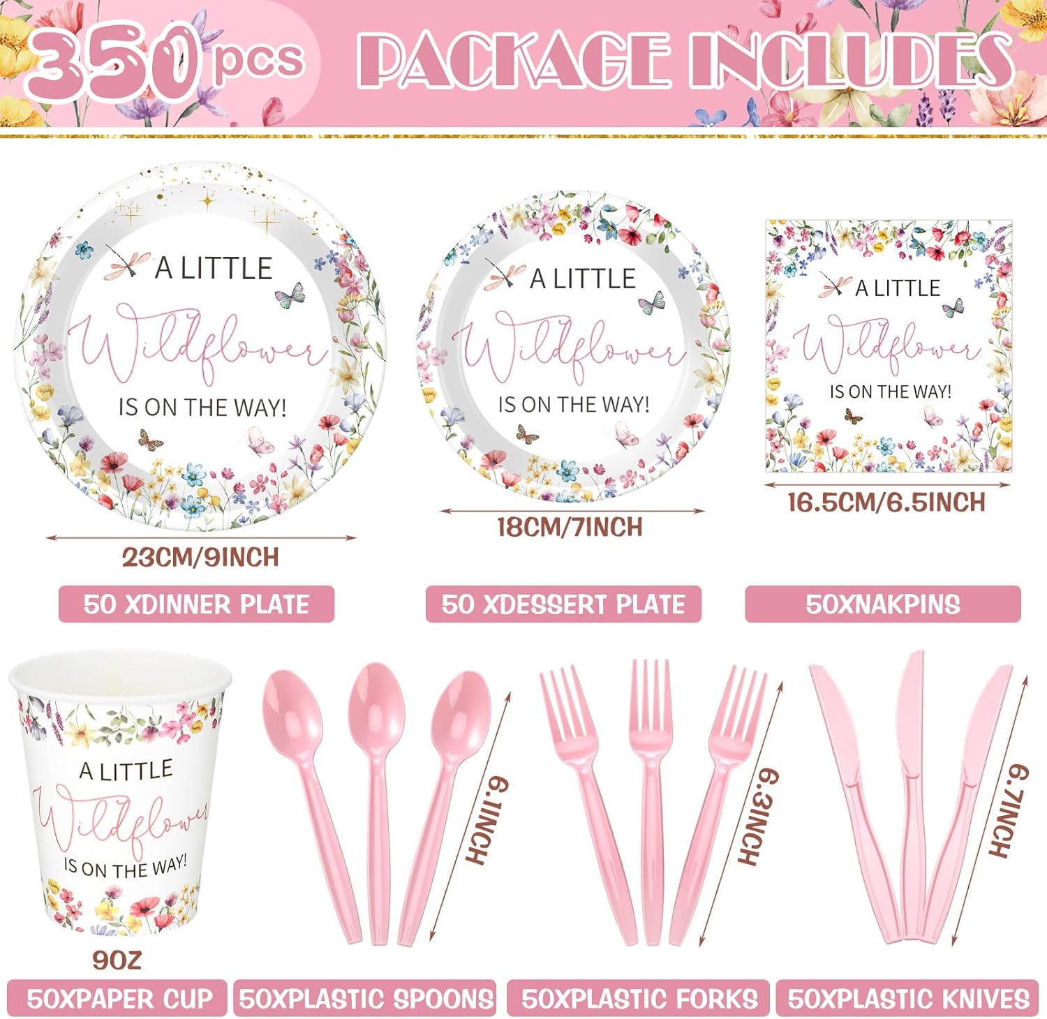 Dandat 350 Pcs Baby Shower Plates Set Baby Shower Party Supplies Serves 50 Tableware Sets Include Plates Napkin Cup Forks Knives Spoons Disposable Dinnerware(Wildflower,Pink)