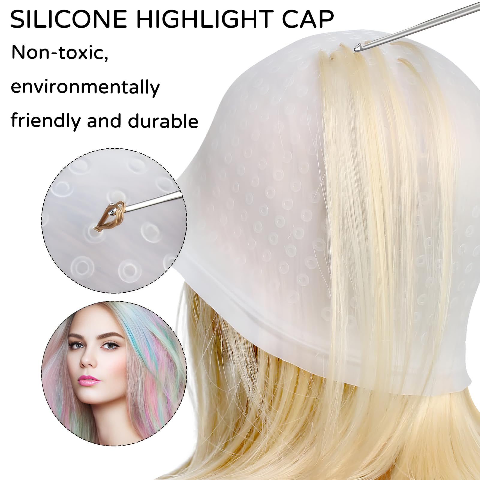 5 Stück Strähnchenhaube,Stränchen Haube,Strähnenhaube Mit 3 Pinseln,Strähnen Selber Machen,Strähnen Set,Strähnchen,Haarfärbeset,Silikon Highlight Kappe Für Friseursalons Und Familien