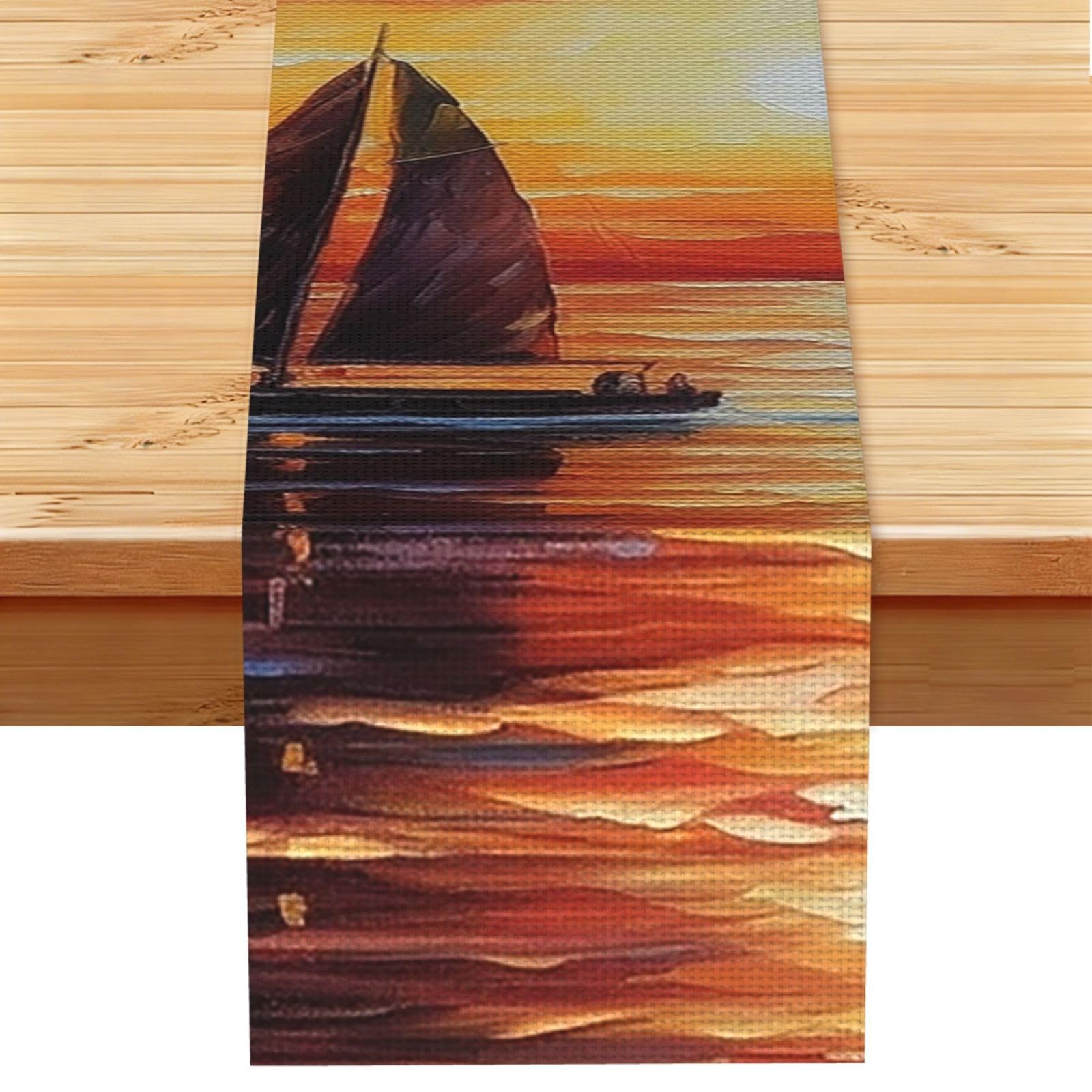 Sunset Sailboat Table Runner 13x72 Inch Cotton Linen Table Linen Washable Farmhouse Tablecloth Modern Abstract Art Kitchen Dinning Table Decoration for Home Party Decor