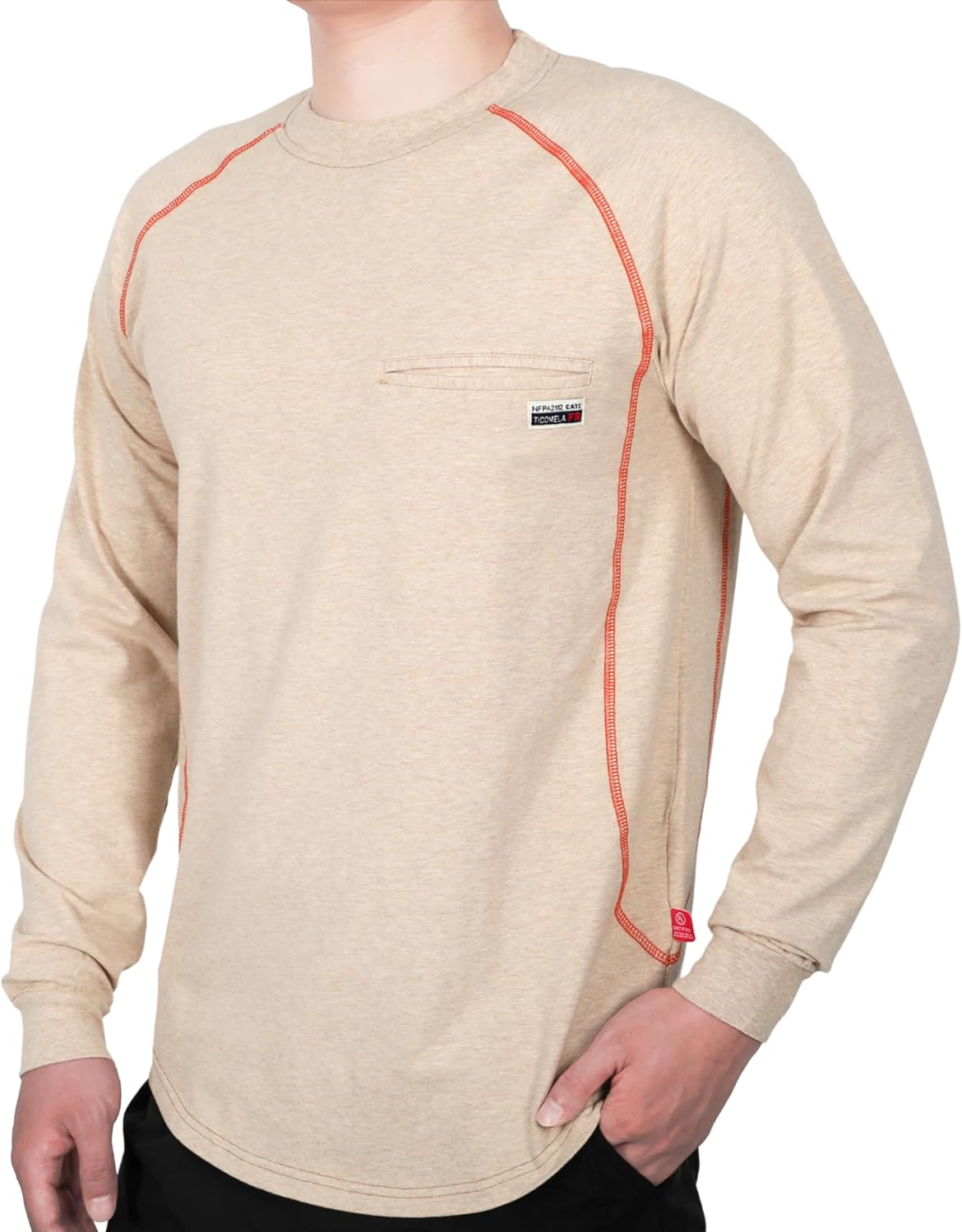 TICOMELA FR T-Shirt, Flame Resistant, Stretch Fit, Hidden Pocket, 6oz Crew Neck Work Shirt for Men 100% Cotton