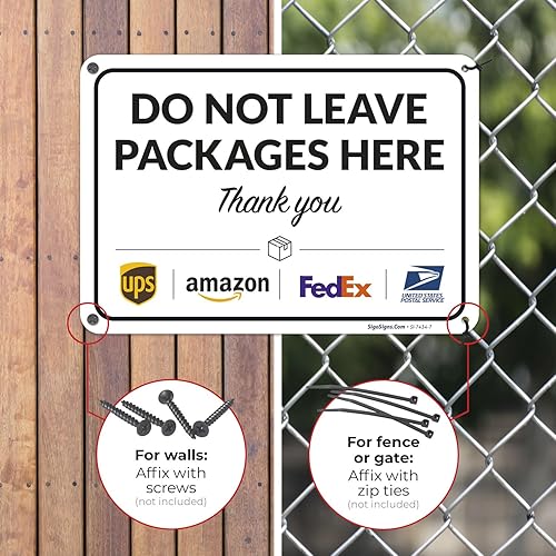 Vista 385 de Cartel de entrega del paquete, letrero de instrucciones de entrega, 10 x 7 pulgadas, aluminio 040 libre de óxido, resistente a la decoloración