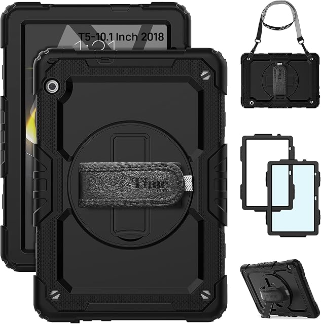Timecity Case for HUAWEI MediaPad T5 (10.1 Inch 2018), Drop and Shock Proof Case with Screen Protector, 360 Rotating Stand, Hand/Shoulder Strap, Pencil Holder for Huawei T5 10.1 Tablet Case, Black
