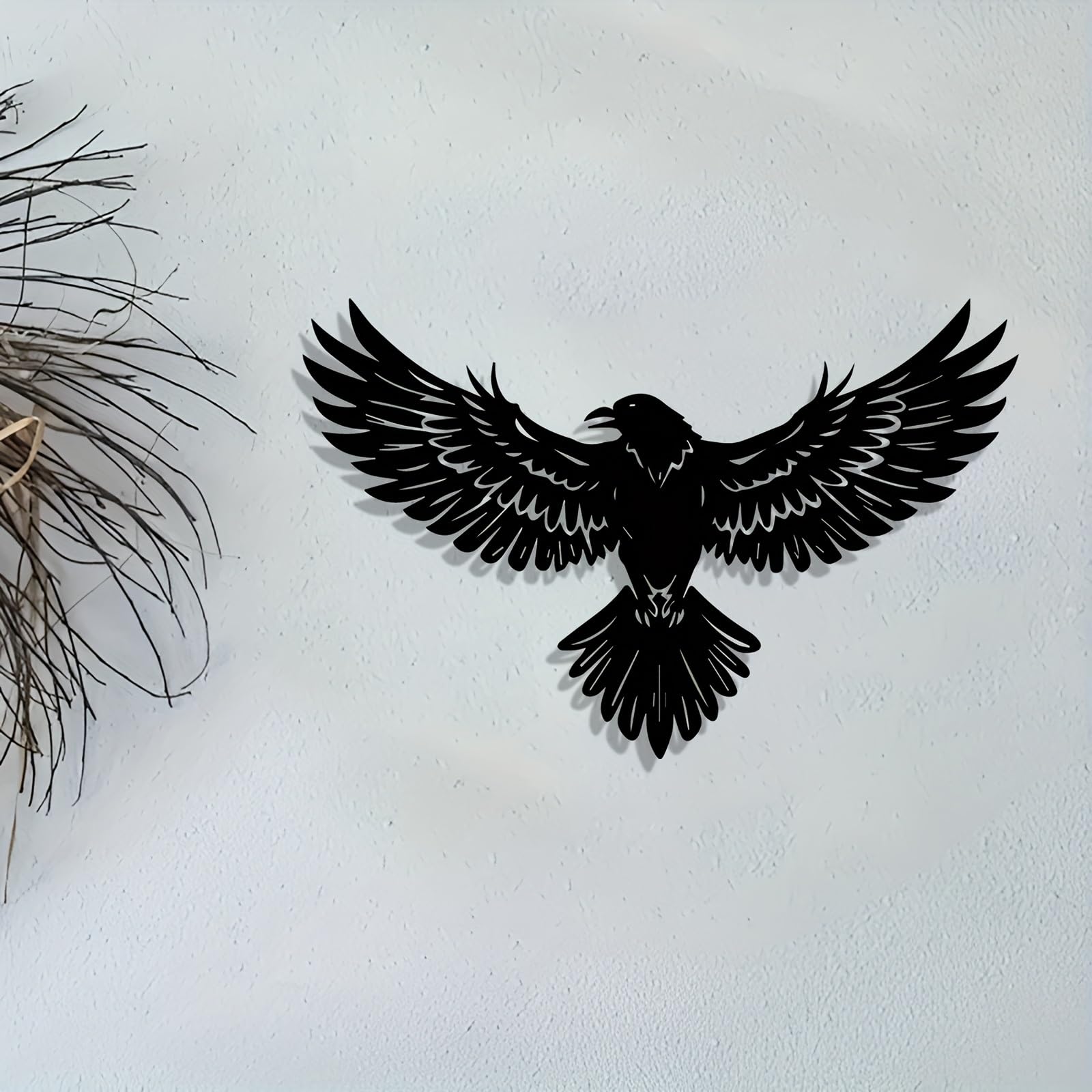 Decoración de pared abstracta contemporánea de metal, arte gótico de cuervo, mural de estatua de silueta de hierro negro con plumas detalladas para interiores/exteriores, hogar, jardín, sala de e