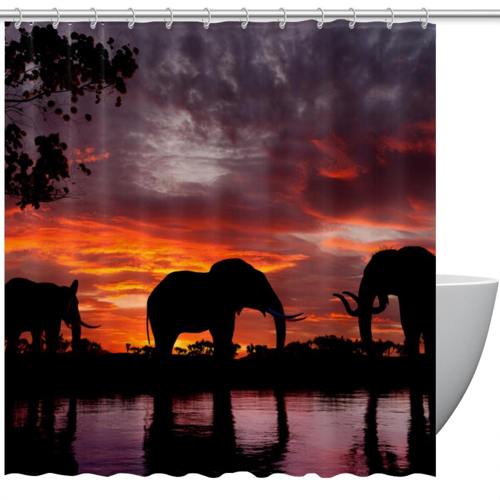 Rideau de douche imperméable motif éléphants au coucher du soleil 168x183cm