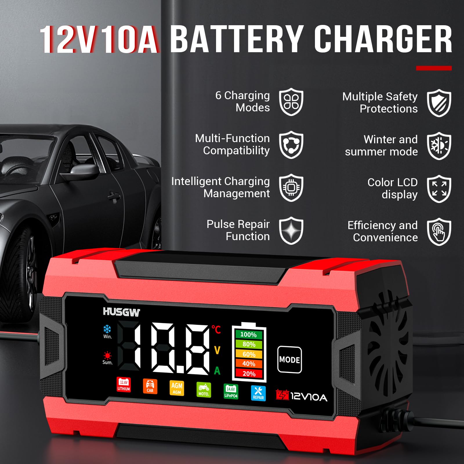 12V 10A Cargador de Batería de Coche, LiFePO4 Cargador de Batería de Moto, Proceso de Carga de Tres Etapas, Protección de Seguridad Múltiple, para Auto, Moto, AGM, Gel, Wet, SLA, LiFePO4 (10 Rojo)