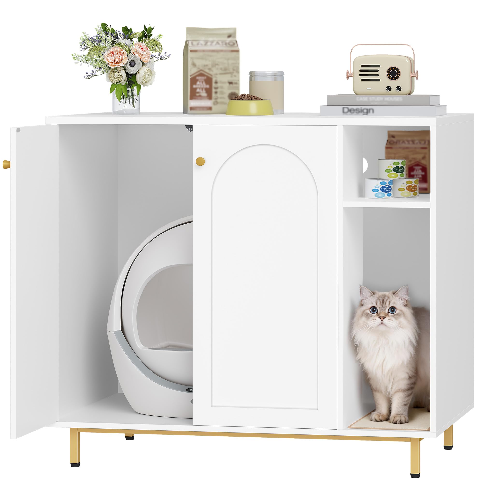 Hzuaneri Extra Large Cat Litter Box Enclosure, Automatic Litter Box Furniture with Scratch Pad, Wooden Modern Self-Cleaning Cat Cabinet with Storage, Cats House, End Table, White and Gold CB87103G