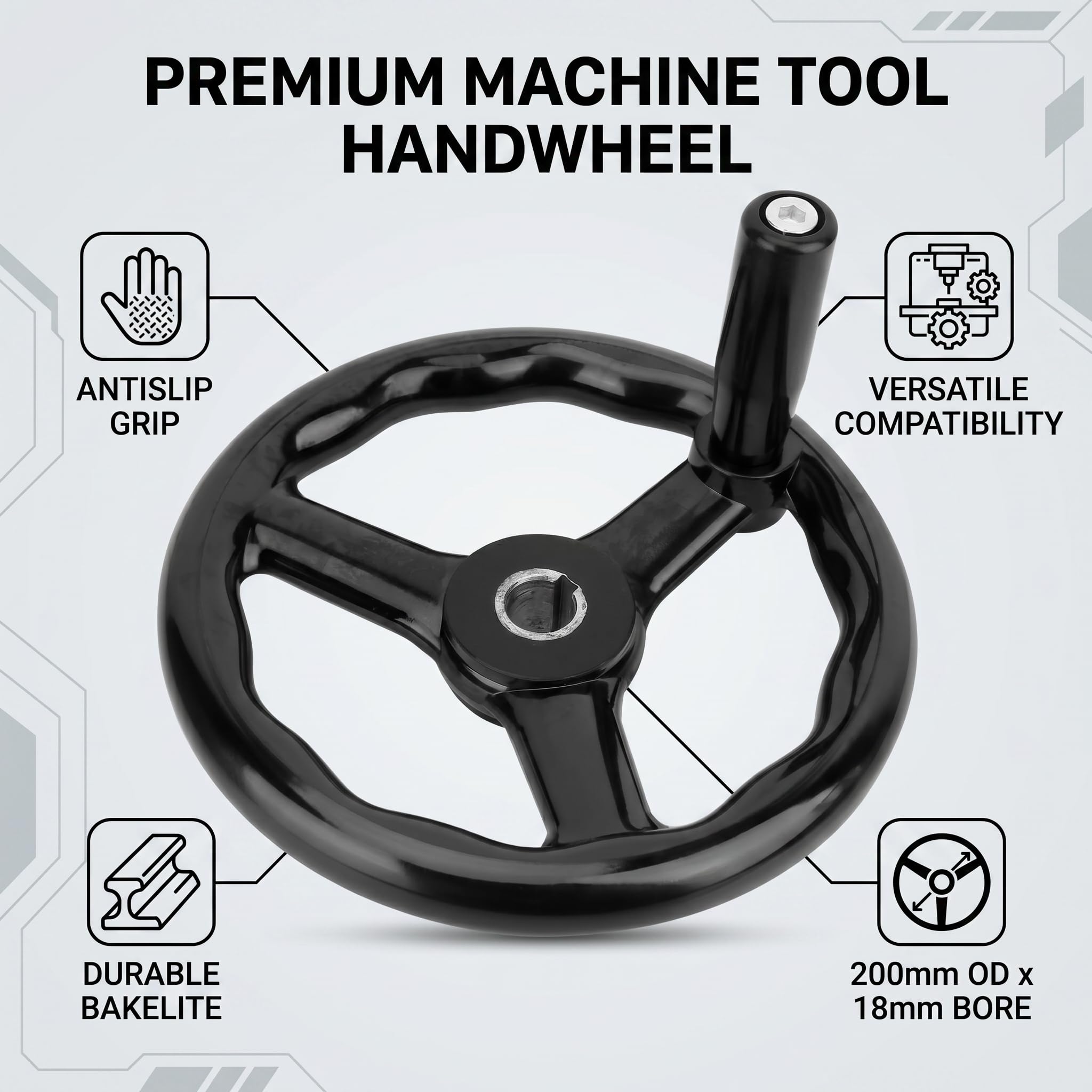 Garosa Roue à Main 200 * 18mm pour Fraiseuse Volant Bakélite Noire Anti-dérapant avec Poignée Commande Manuelle Précise
