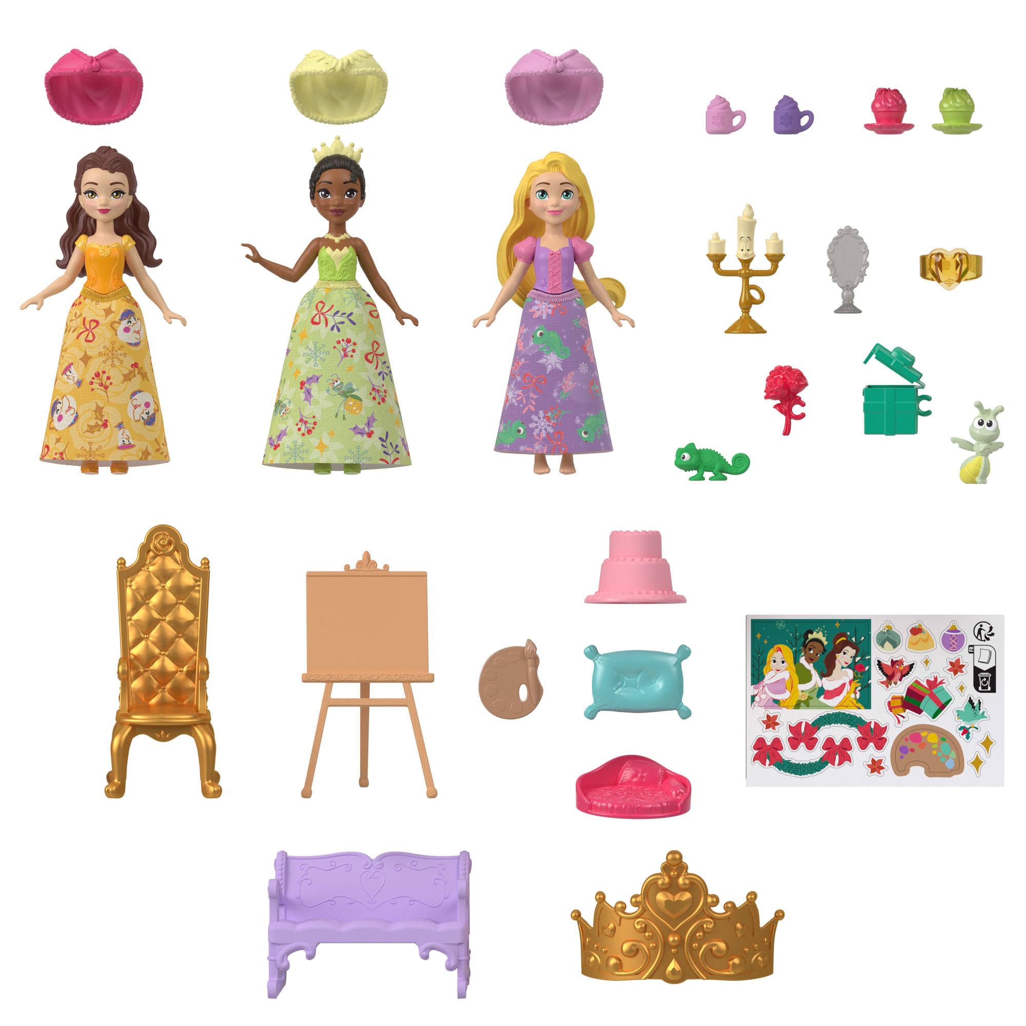 Mattel Disney Princesas Calendario de Adviento con 24 días de sorpresas, incluidas 3 muñecas pequeñas, 3 amigos, 6 prendas y 16 accesorios inspirados en las películas, JFG79