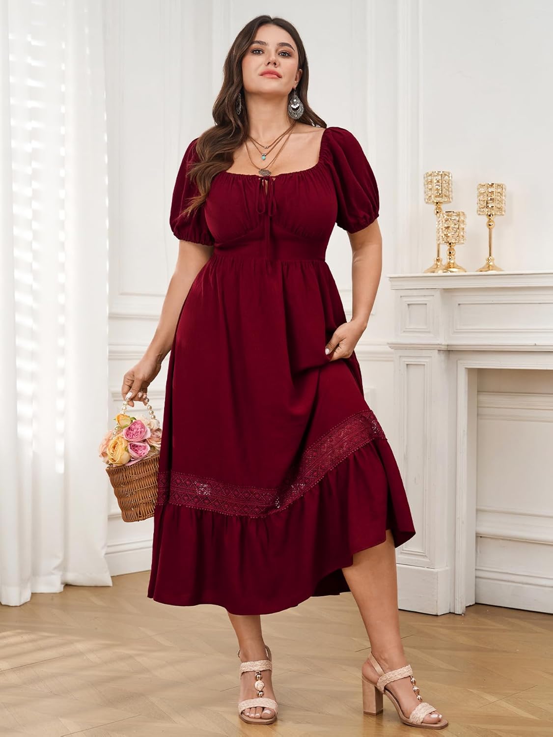 SCOMCHIC Women's Plus Size Dresses Summer Milkmaid Short Sleeve Square Neck A Line Lace Trim Boho Maxi Dress - Image 3