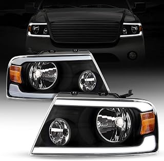 LED DRL Headlight Assembly Fit for 2004 2005 2006 2007 2008 F150, Headlamp Replacement Pair with Daytime Running Light Black Housing Clear Lens Amber Reflector