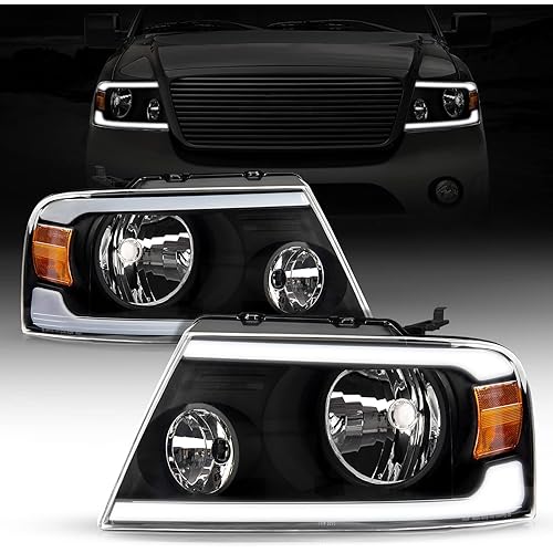 SEALIGHT LED DRL Headlight Assembly Fit for 2004 2005 2006 2007 2008 F150, Headlamp Replacement Pair with Daytime Running Light Black Housing Clear Lens Amber Reflector