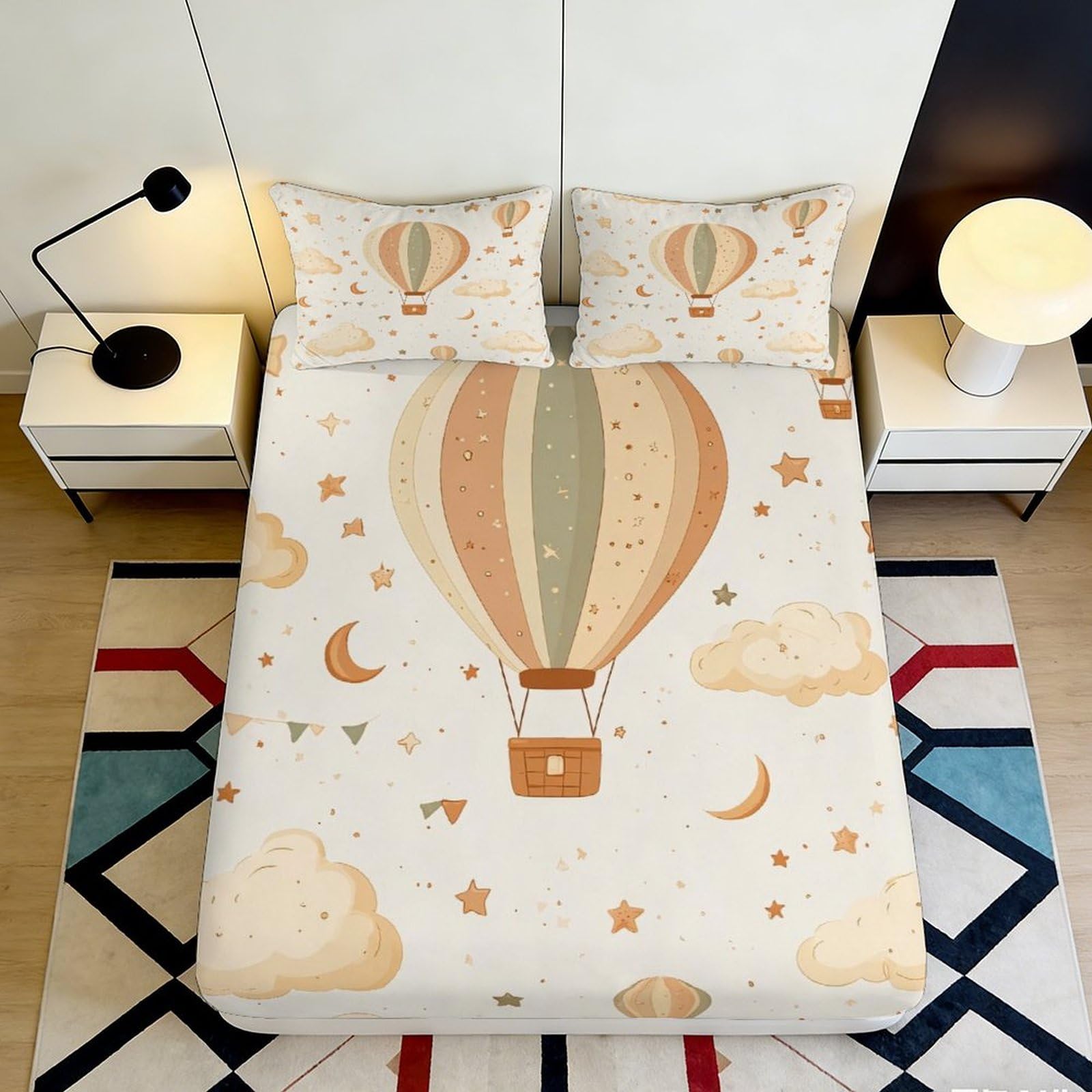 3D Printed Hot Air Balloon Fitted Sheet Microfiber Soft Breathable Dream Cloud Bed Cover for Bedroom Dorm Mattress Protection Decor 90x200x25cm